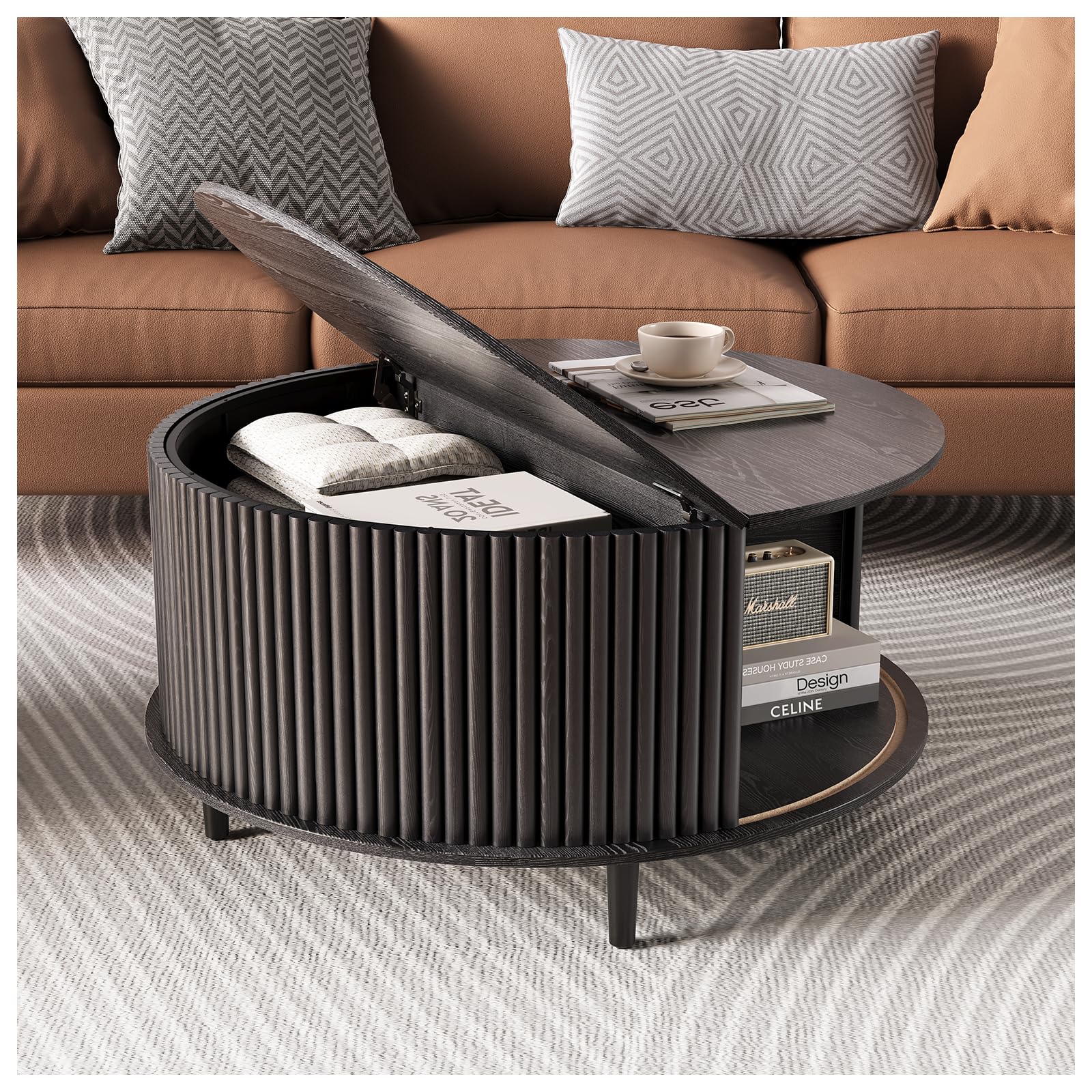 Round Coffee Table with Storage, Mid Century Modern Center Table with Sliding Cabinet Door, Fluted Dining Table for Living Room, Home Small Space, 31.5", Black