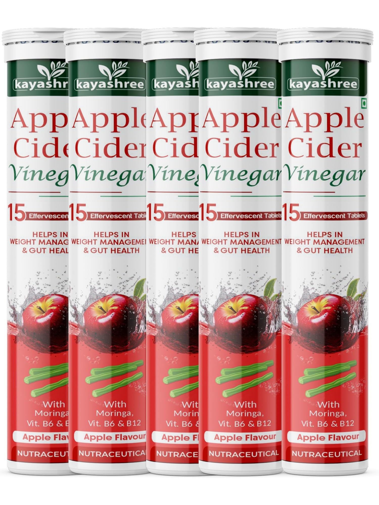 Apple Cider Vinegar Effervescent Tablets | 75 Tablets | With Moringa| Helps in Weight Management & Gut Health | Apple Flavour | Nutraceutical (Pack of 5)-image-17