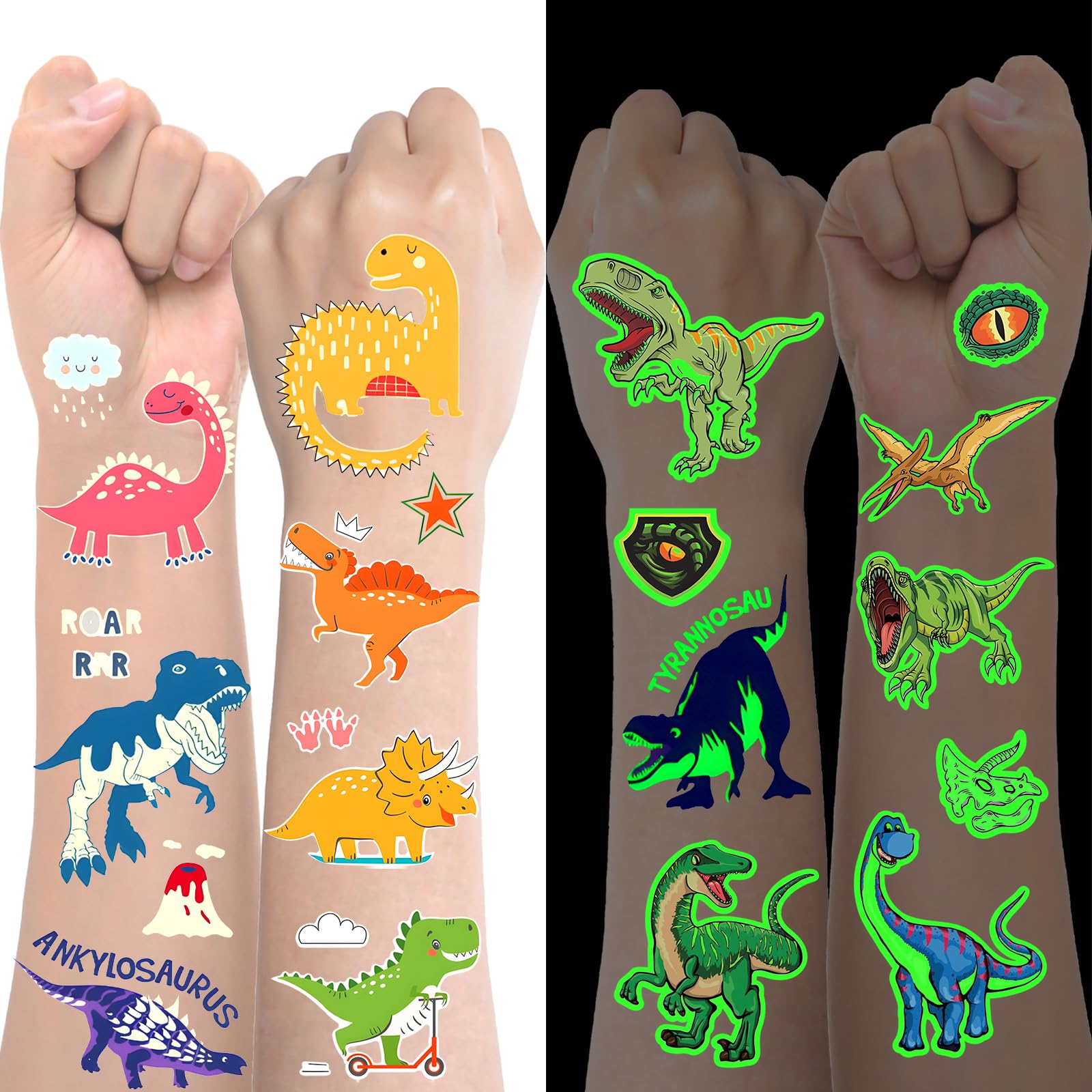 12 Bogen Dino Tattoos für Kinder Jungen Mädchen, Dinosaurier Geschenke Junge 3 4 5 6 7 8 9 10 Jahre, Dino Geburtstag Leucht Tattoos Hautfreundlich, Dinosaurier Spielzeug Mitgebsel Kindergeburtstag