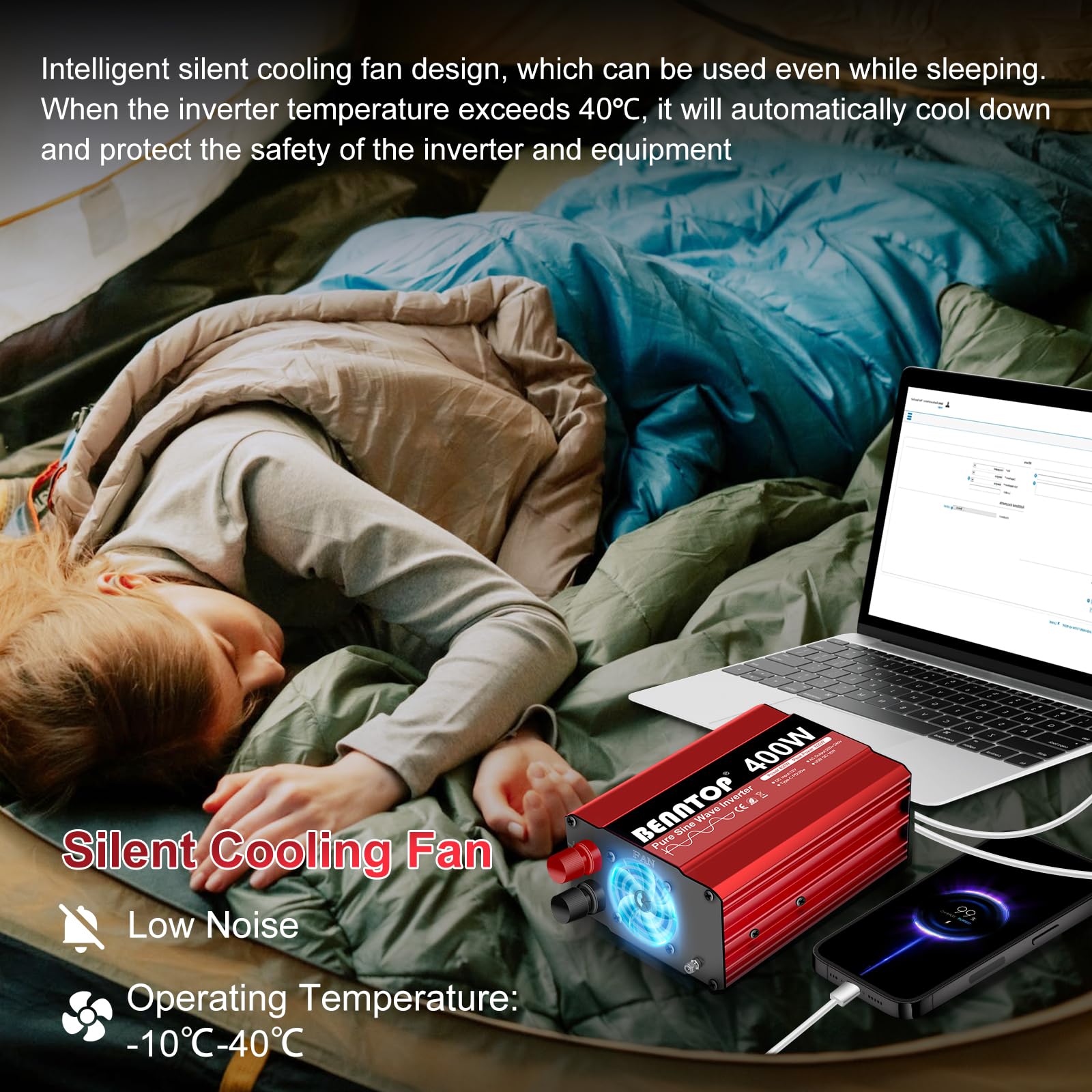 400W Wechselrichter 12v auf 230v Spannungswandler Reiner Sinus mit EU Buchse, Typ-C, USB Anschluss,Stromwandler Auto Adapter mit Zigarettenanzünder für iPhone, iPad, Tablet