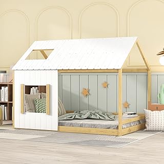 Harper & Bright Designs Full Size Kids House Bed, Montessori Floor Bed Full with Roof and Window, Wood Full Floor Bed Frame Cabin Fun Playhouse Bed for Girls, Boys, Children,White+Natural