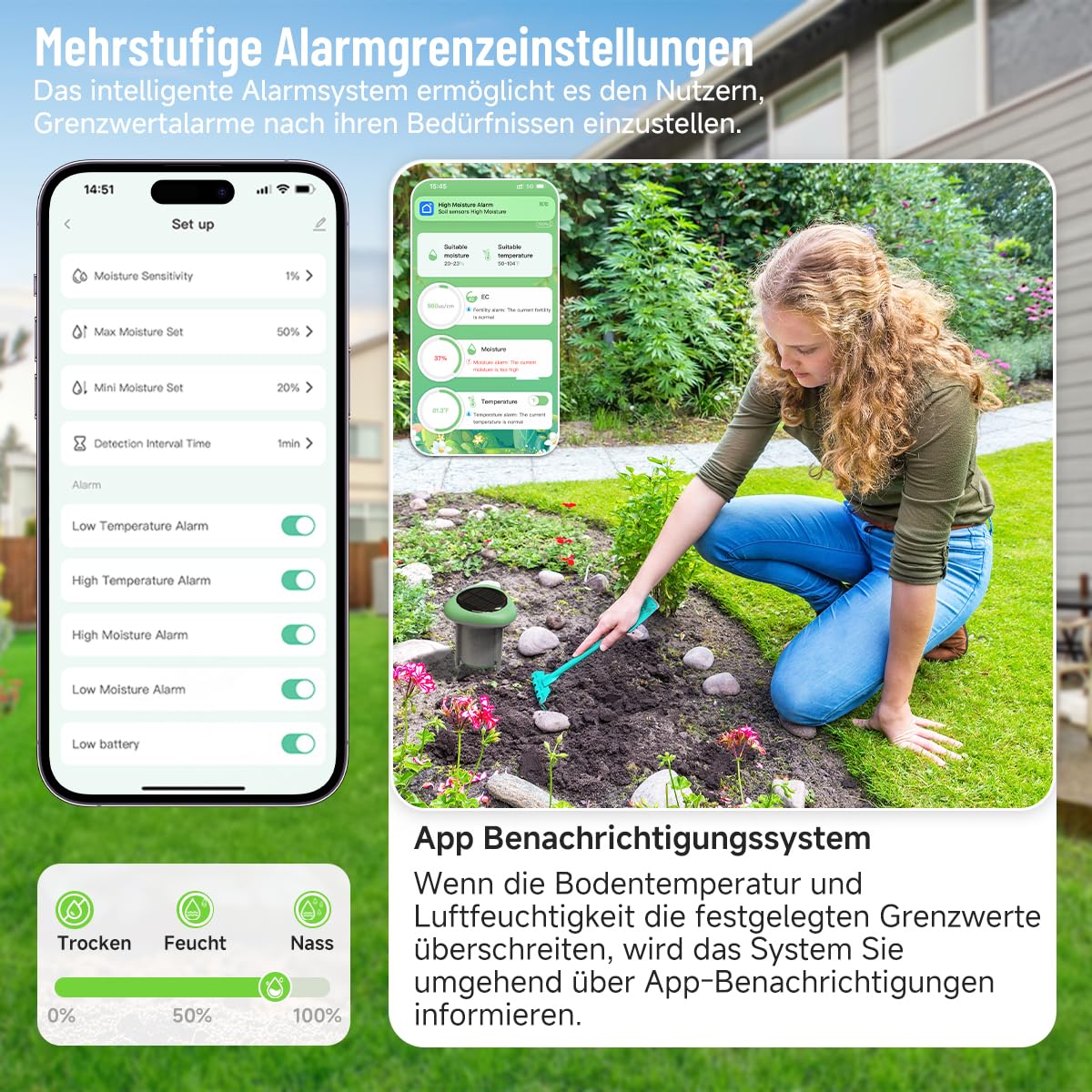 Smart 3-in-1 Bodenfeuchtigkeits-/Temperatur-/Düngemessgerät, digitaler Bodensensor mit Tuya/Smart Life APP-Push-Benachrichtigung für Garten/Landwirtschaft/Rasen