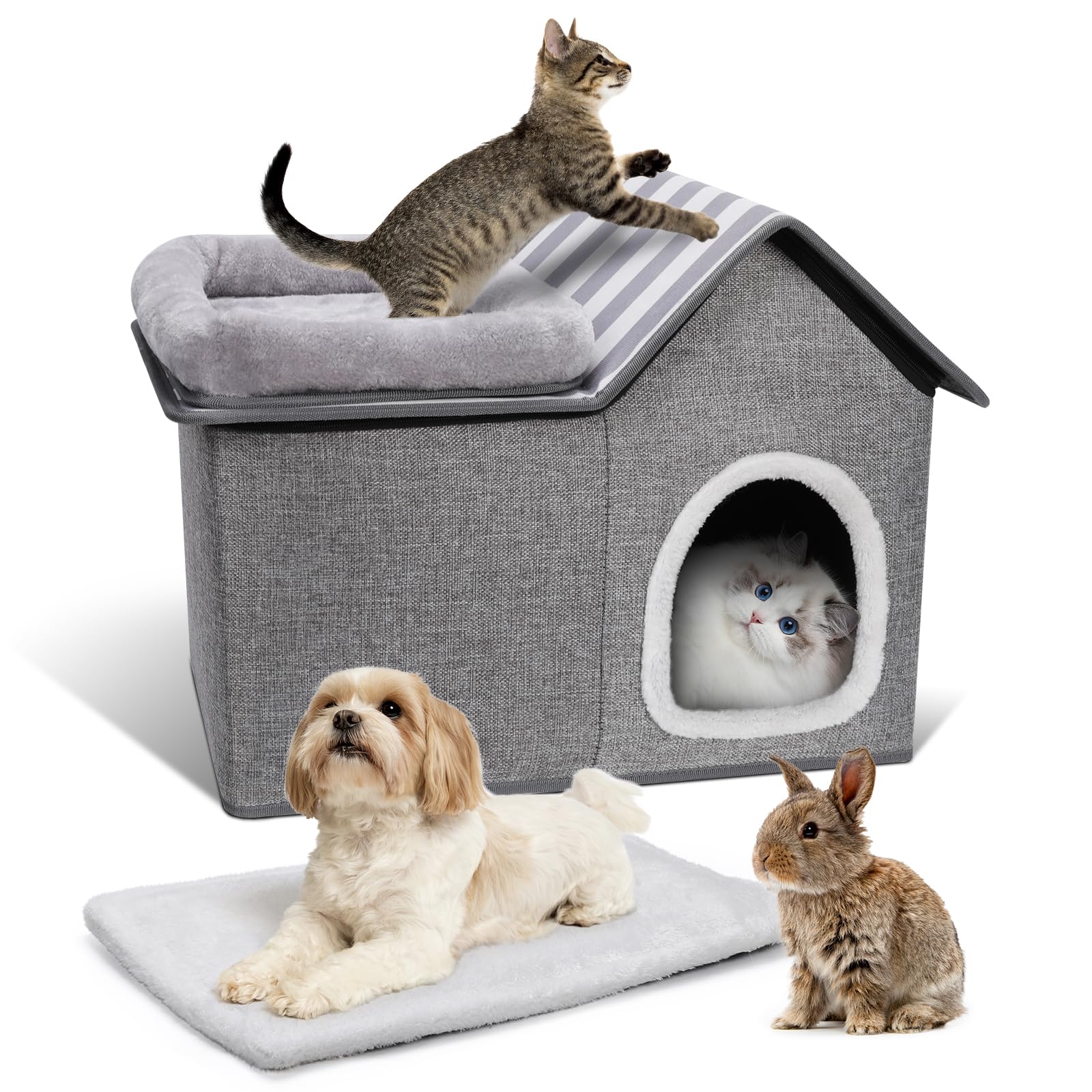 Zvonema cama lavable para perros, cama plegable 2 en 1, casa de gato exterior, interior con cojín de felpa extraíble, mejora el sueño