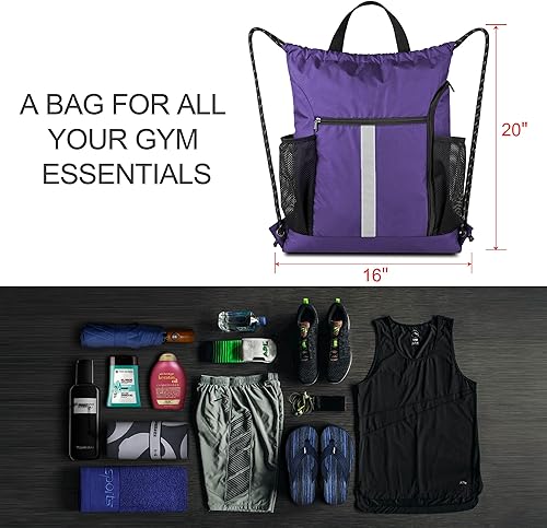 Miniatura 3 de Mochila con cordón BeeGreen, estilo deportivo, bolsa de gimnasio para mujeres y hombres, tamaño grande con dos bolsillos con cremallera y bolsillos