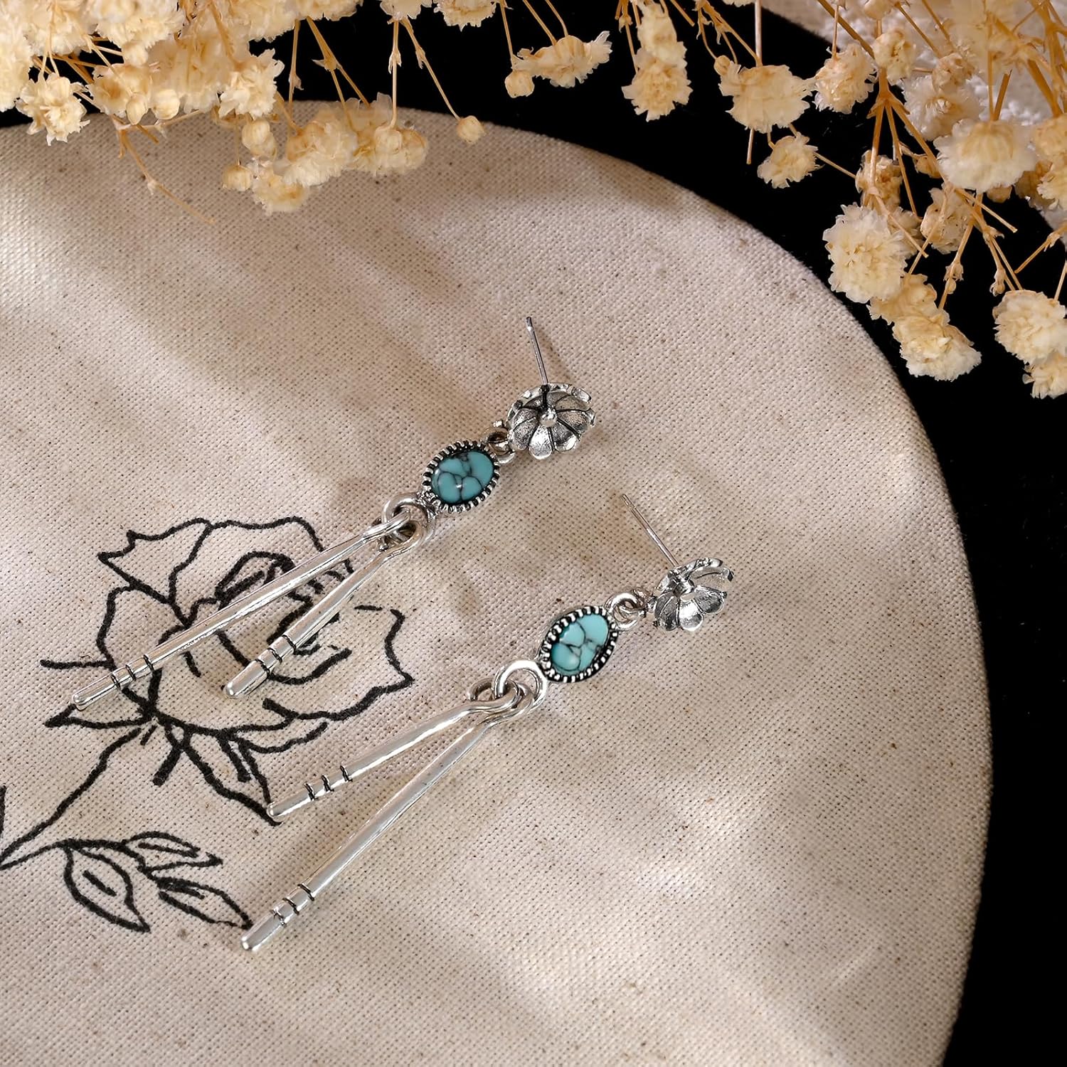 Silver Turquoise Dangle Earrings for Women with Daisy Studs Boho Style Long Tassel Drop Earrings Western Jewelry - Image 5