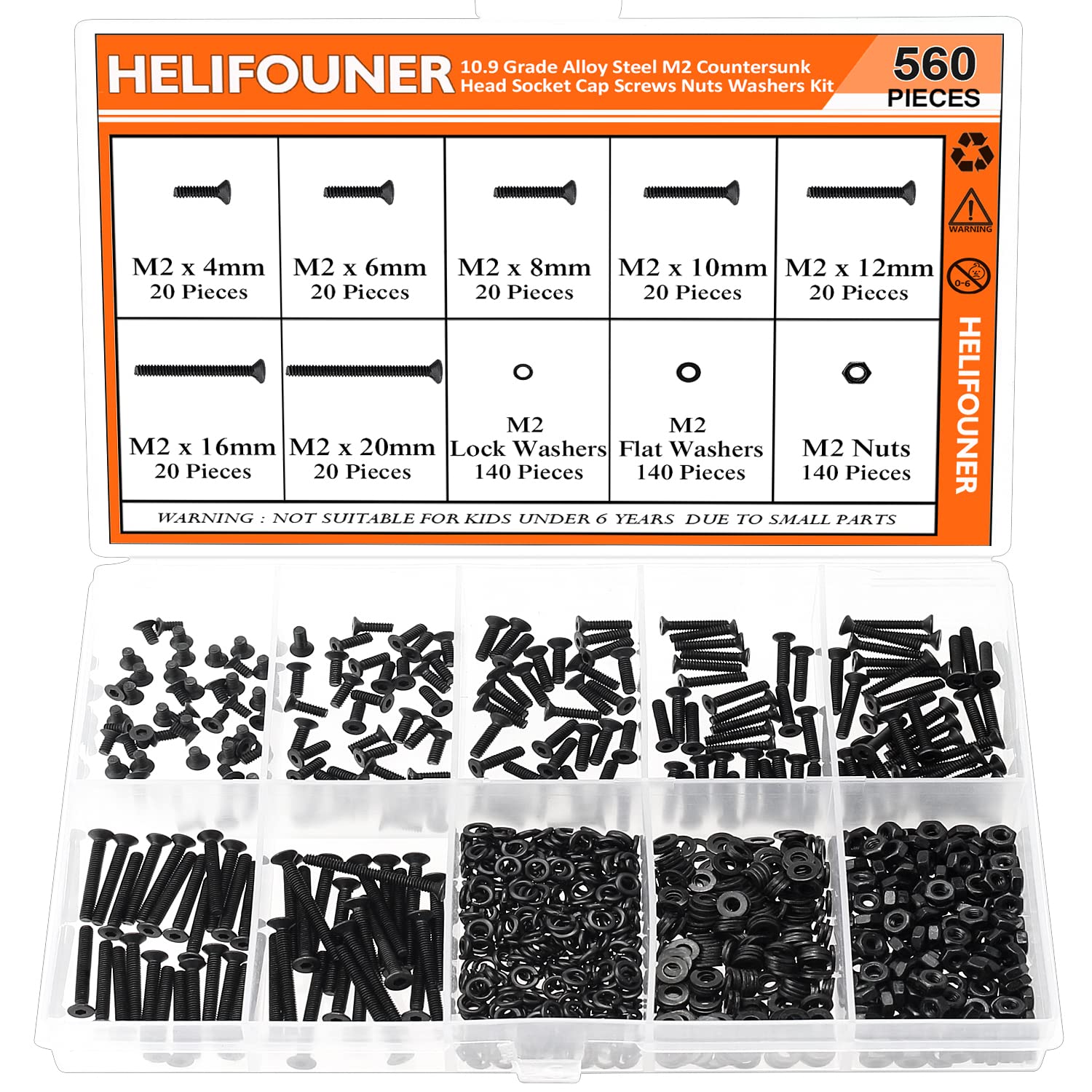 HELIFOUNER 560 Pieces M2 x 4mm /6mm /8mm /10mm /12mm /16mm /20mm, Countersunk Head Socket Cap Screws Bolts Washers Nuts Kit, 10.9 Grade Alloy Steel,