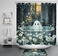 Vista 13 de HVEST Cortina de ducha de Halloween, linterna de calabaza y gnomo, cortina de ducha de baño, cortina de ducha de murciélago y araña, decorativa