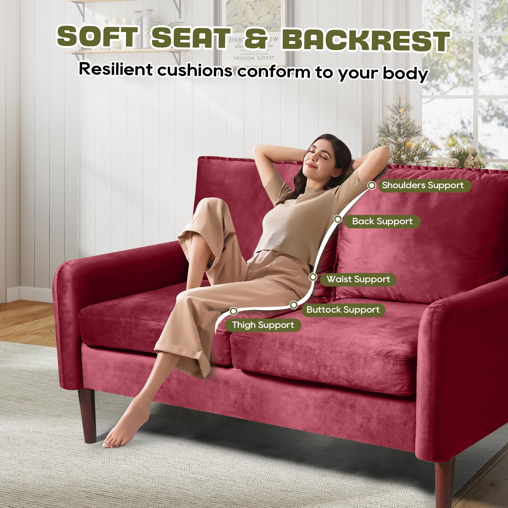 Bilhilury 54" Loveseat Sofa, Velvet Love Seat Couches for Living Room, Loveseat for Small Spaces, Small Couch for Bedroom Apartment Office, Mid-Century Modern Sofa with Throw Pillow,