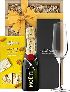 A Little Luxury Mini Moët Gift Hamper: Moët & Chandon NV Piccolo 200ml, Mondo Nougat Almond & Honey, Signature Crystal Cha...