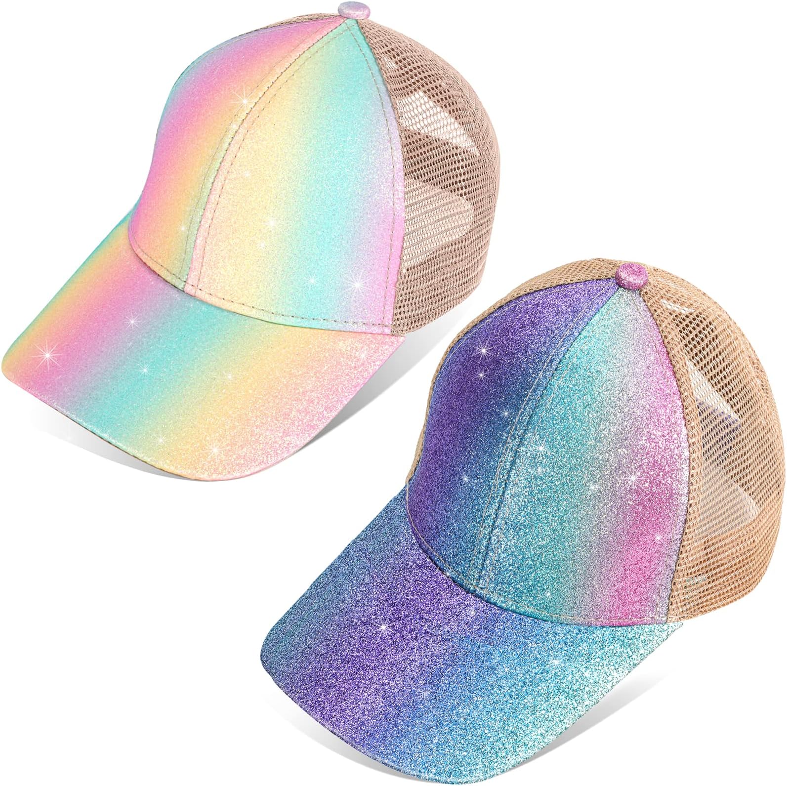 Girls Glitter Baseball Cap Kids Ponytail Hat Adjustable Summer Mesh Trucker Hats for 4-12 Years