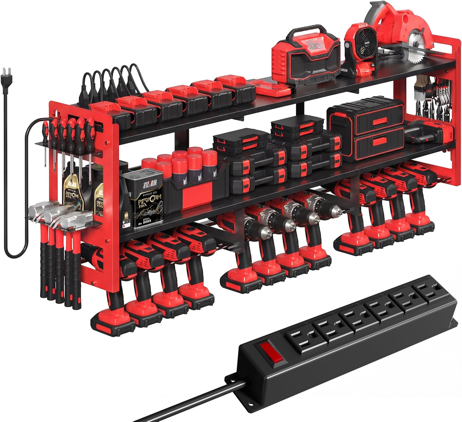 TOPRINCE 56.7" W Large Power Tool Organizer Wall Mount with Charging Station, 3-Tier Heavy Duty Metal Tool Rack with 12 Drill Holders and 6FT Power Strip, Garage Workshop Storage.Red