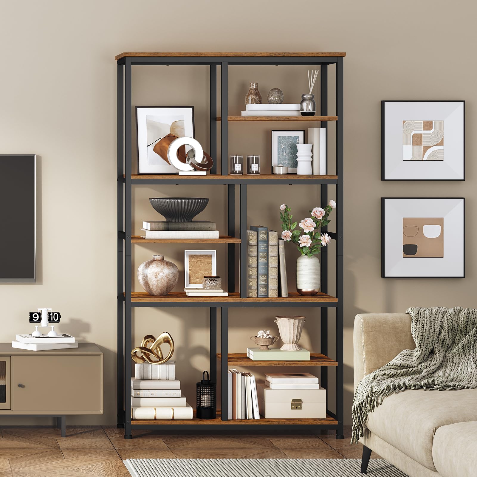 HOOBRO Librería de 7 Niveles, Estantería Abierta con 4 Patas Ajustables, Librería de Aglomerado y Estructura Metálica, para Salón y Despacho, 100 x 28 x 180 cm, Marrón Vintage y Negro EBF06SJ01