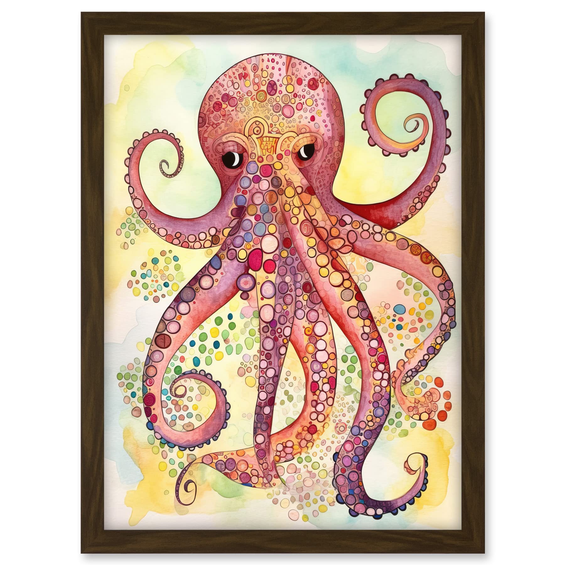 Artery8 Octopus Portrait Bright Folk Art Watercolour Painting Artwork Framed A3 Wall Art Print
