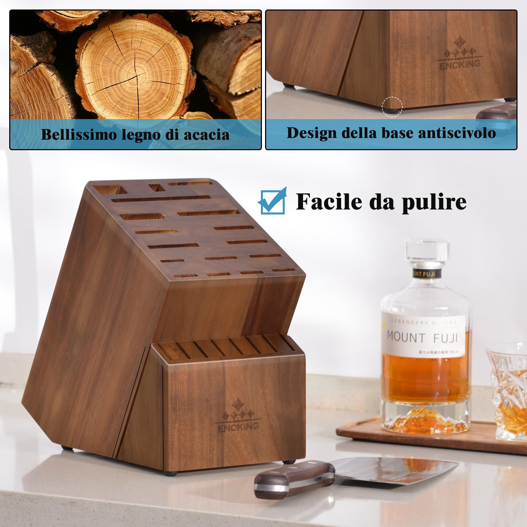 ENOKING Porta Coltelli Cucina, 25 Slot Portacoltelli da Cucina in Acacia per Bancone della Cucina, Ceppo Coltelli Vuoto di alta Qualità per Coltelli e Cesoie per Pollame/Acciaio per Affilare