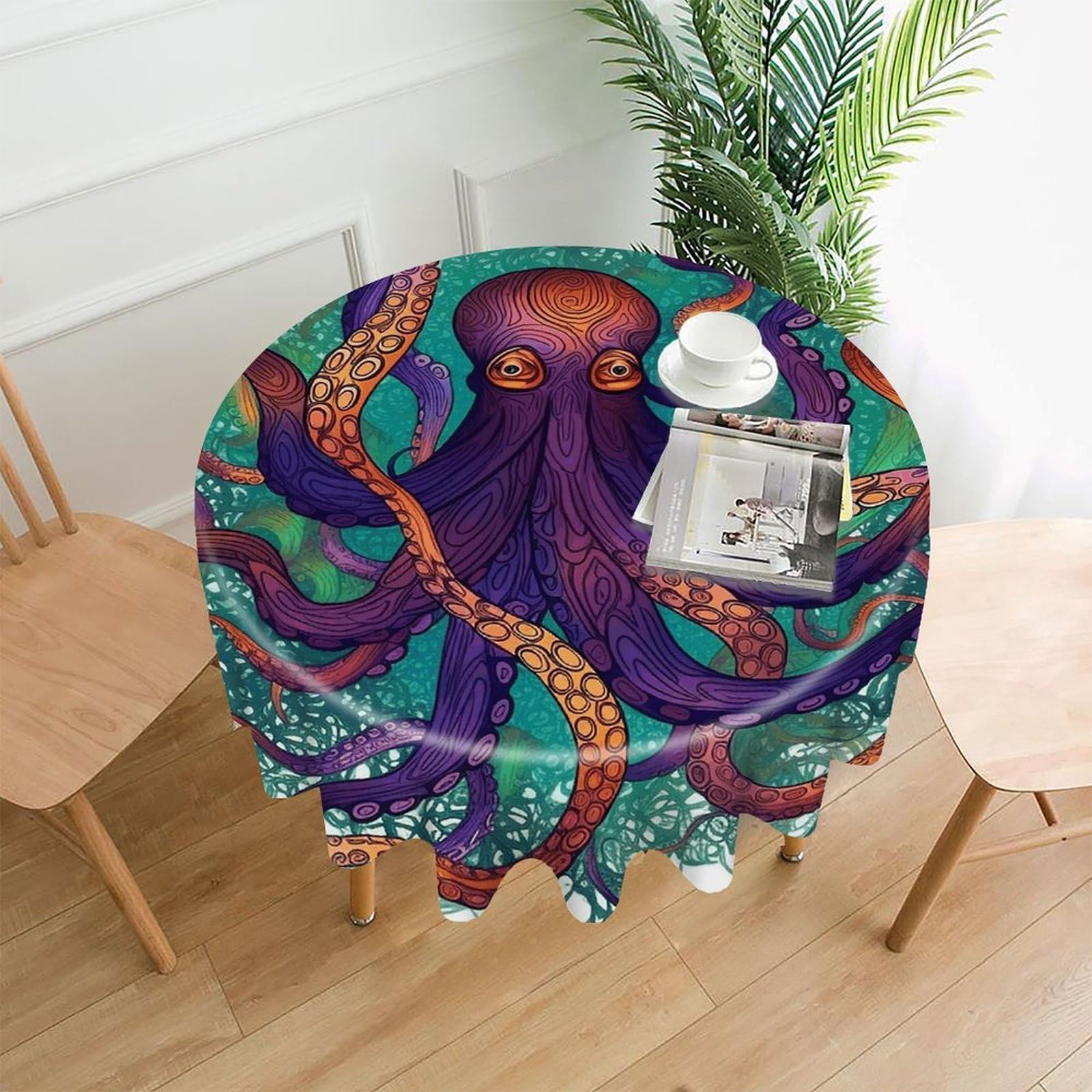 MUSM 60 Inch Colorful Octopus Round Tablecloth Wipeable Washable Table Cover for Kitchen and Dining Room Decorative Table Cloth for Party Holiday Picnic Outdoor