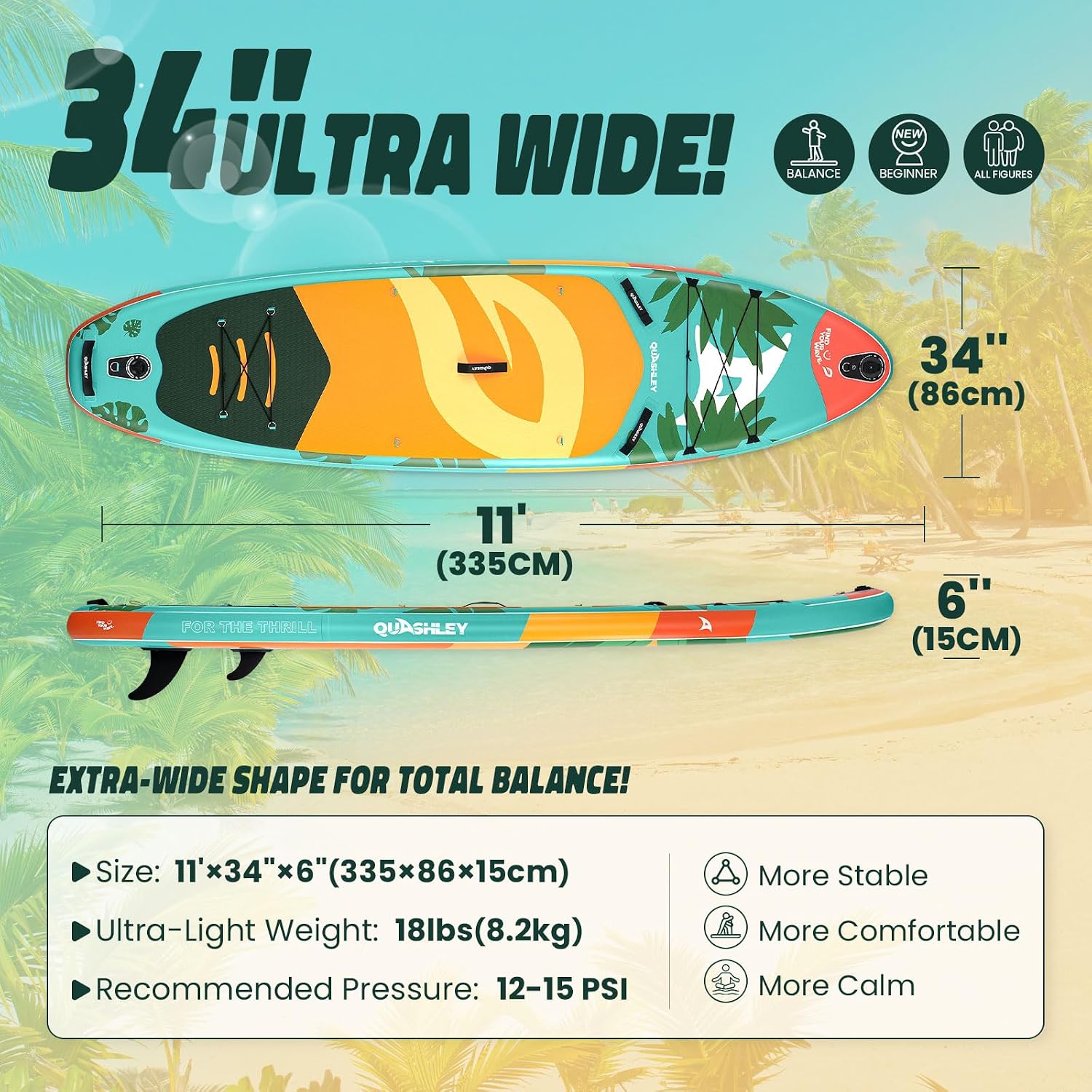 Quashley Inflatable Paddle Board 34" Wide & Stable SUP Set All-Around Board