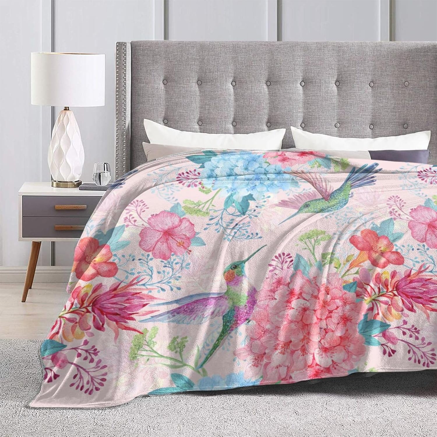 Perinsto Tropical Flowers and Hummingbirds Throw Blanket Ultra Soft Warm All Season Decorative Fleece Blankets for Bed Chair Car Sofa Couch Bedroom 80"X60" - Image 5