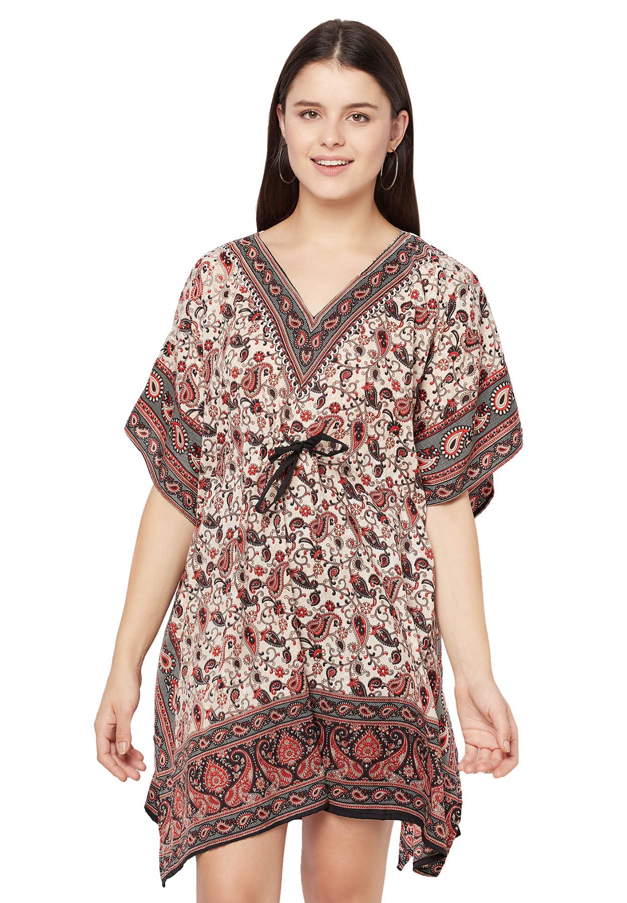 V-Neck Printed Kaftans’ Multicolor Paisley Prints tie up Waist Kaftans for Comfortable Home or Beach Outing Length Short Maxi