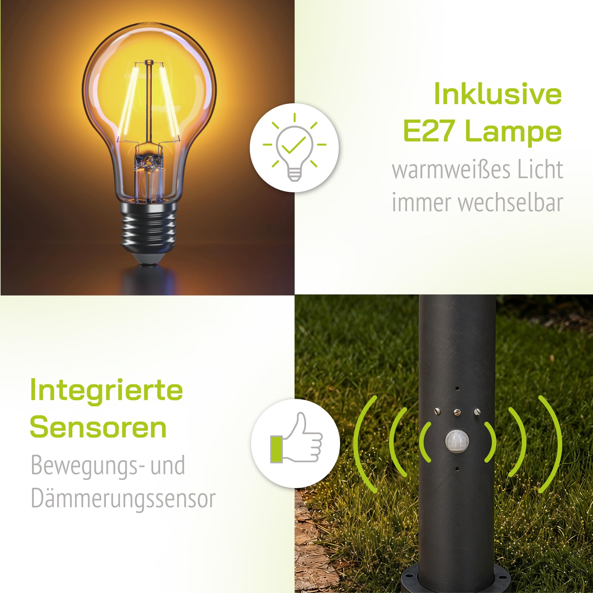 linovum 2x BOSEA-B Wegeleuchte mit Bewegungsmelder anthrazit - Standleuchte für E27 Pollerleuchte 50cm Gartenlampe IP44 Dämmerungssensor