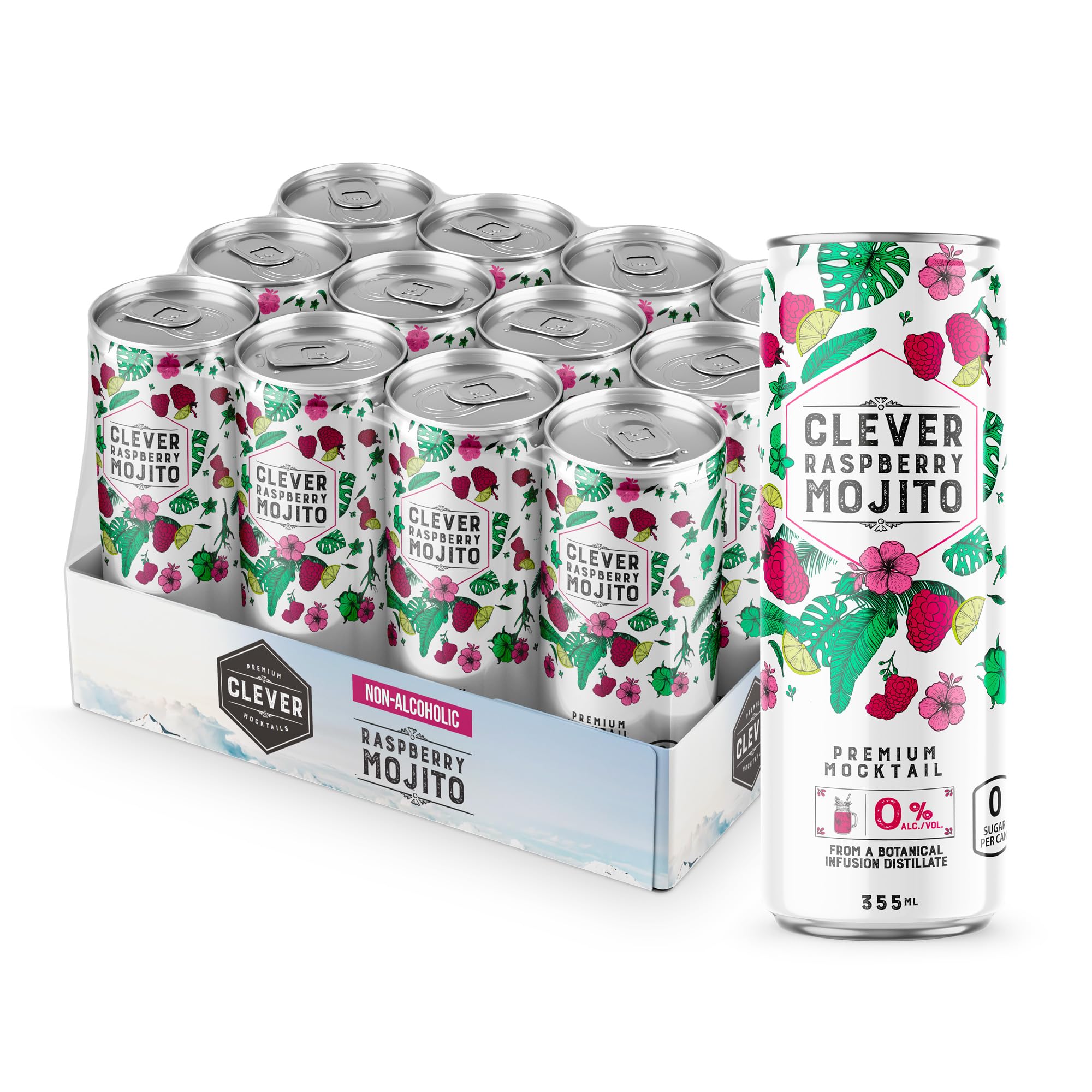 CLEVER - Raspberry Mojito, Nonalcoholic Mocktails for Any Occasion, Sugar-Free Beverages with Botanical Extracts, Low-Calorie Mocktails Non-alcoholic Drinks with 10 Calories, Pack of 12 (12 oz Ea)