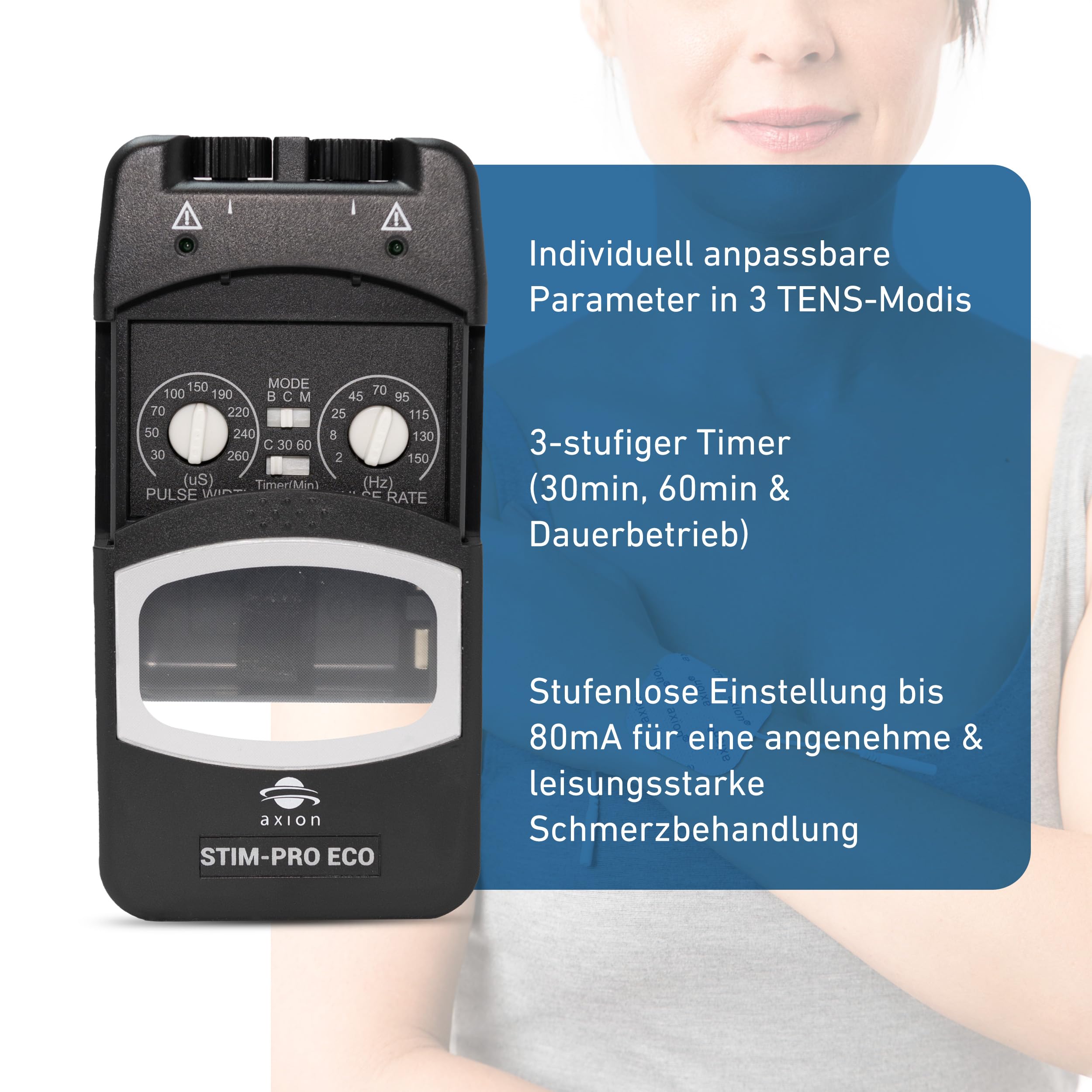 axion® TENS-Gerät zur Schmerztherapie STIM-PRO ECO - Medizinprodukt | Manuell einstellbares TENS-Gerät zur gezielten Reizstrom-Schmerztherapie mit 4 5x5cm Elektroden Pads & (9V Einwegbatterie)