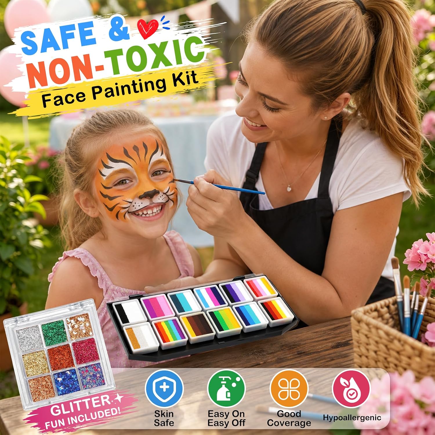 Face Painting Kit for Kids & Adults, 50 Split Colors Face Paint Palette with 9 Glitter Shades, Water Activated Face Paint Set with Stencils, Brushes for Party, Halloween, Carnival and Festivals