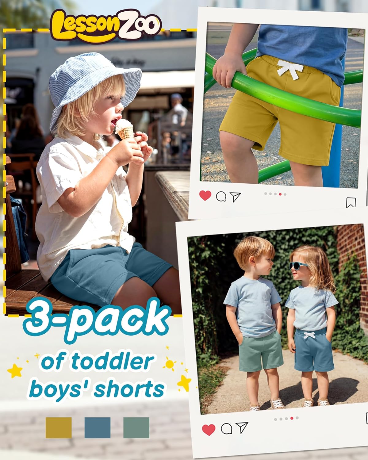 3 Pack Toddler Shorts Cotton Summer Clothes Kid Casual Pull On Elastic Waist Shorts with Pocket for Boy and Girl
