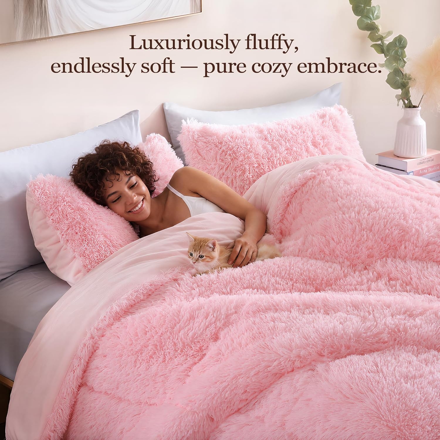 Smoofy Fluffy Full Size Comforter Set, Faux Fur Pink Comforter Set, Luxury Fuzzy Bedding Set, Soft Shaggy Full Bed Set for All Season, 3 Pieces - 1 Comforter & 2 Pillowcases