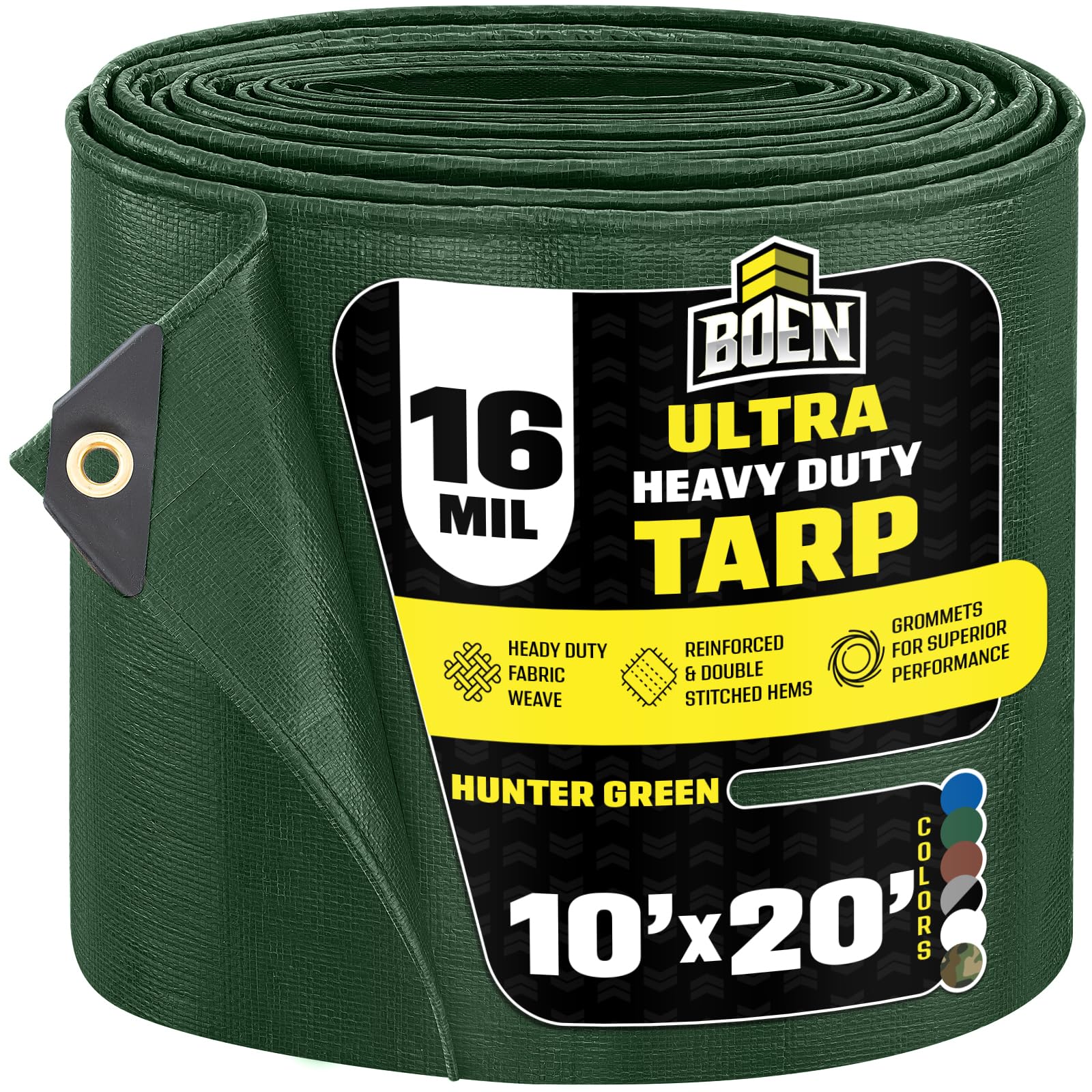 Boen Heavy Duty Tarp Waterproof 10x20, Hunter Green 16 Mil Rip Proof Cover