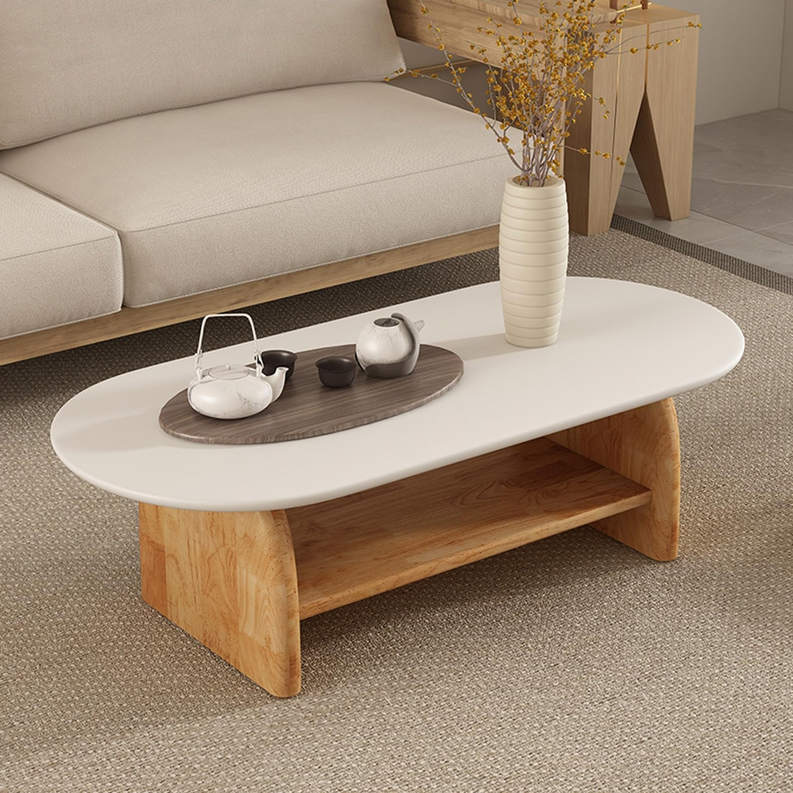 Table basse bois massif crème 120x60cm pour salon