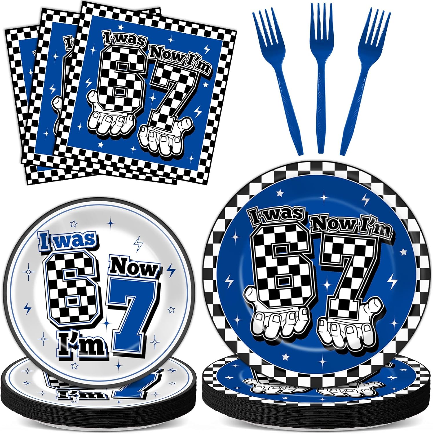 96Pcs I Was 6 Now I’m 7 Tableware Blue White and Black Checkered Party Decoration Seven Years Old Paper Plate I Was Six Now I’m Seven Birthday Supply Checkered Funny 7th Meme Dinnerware for 24 Guests
