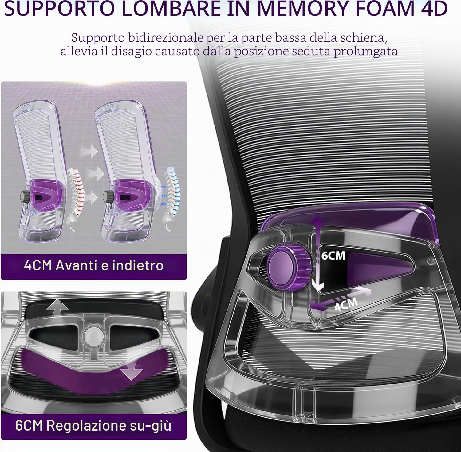 Sedia da Ufficio Ergonomica, Sedia Smart Working con Supporto Lombare Regolabile 4D, Sedia Ufficio in Rete Traspirante con Braccioli Regolabili, Schienale Reclinabile 125°, Ruote Silenziose (Nero)