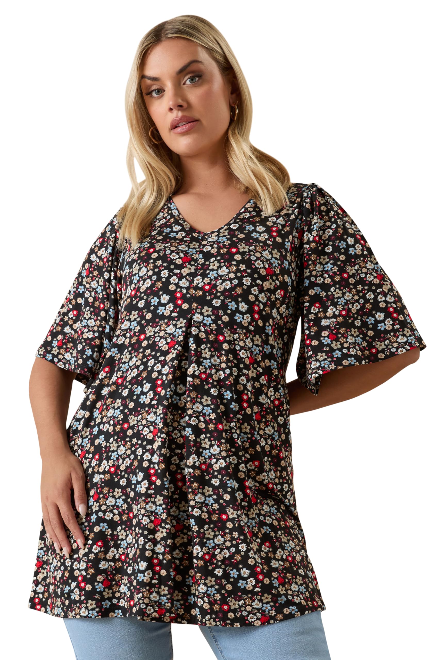 Yours Ditsy Floral Pleat Front Top - Black - Women's Size 26-28