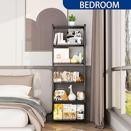 Miniatura 4 de REGILLER Estantería de alambre de acero con 6 estantes, unidad de almacenamiento ajustable para lavandería, baño, cocina, despensa, armario (Negro,