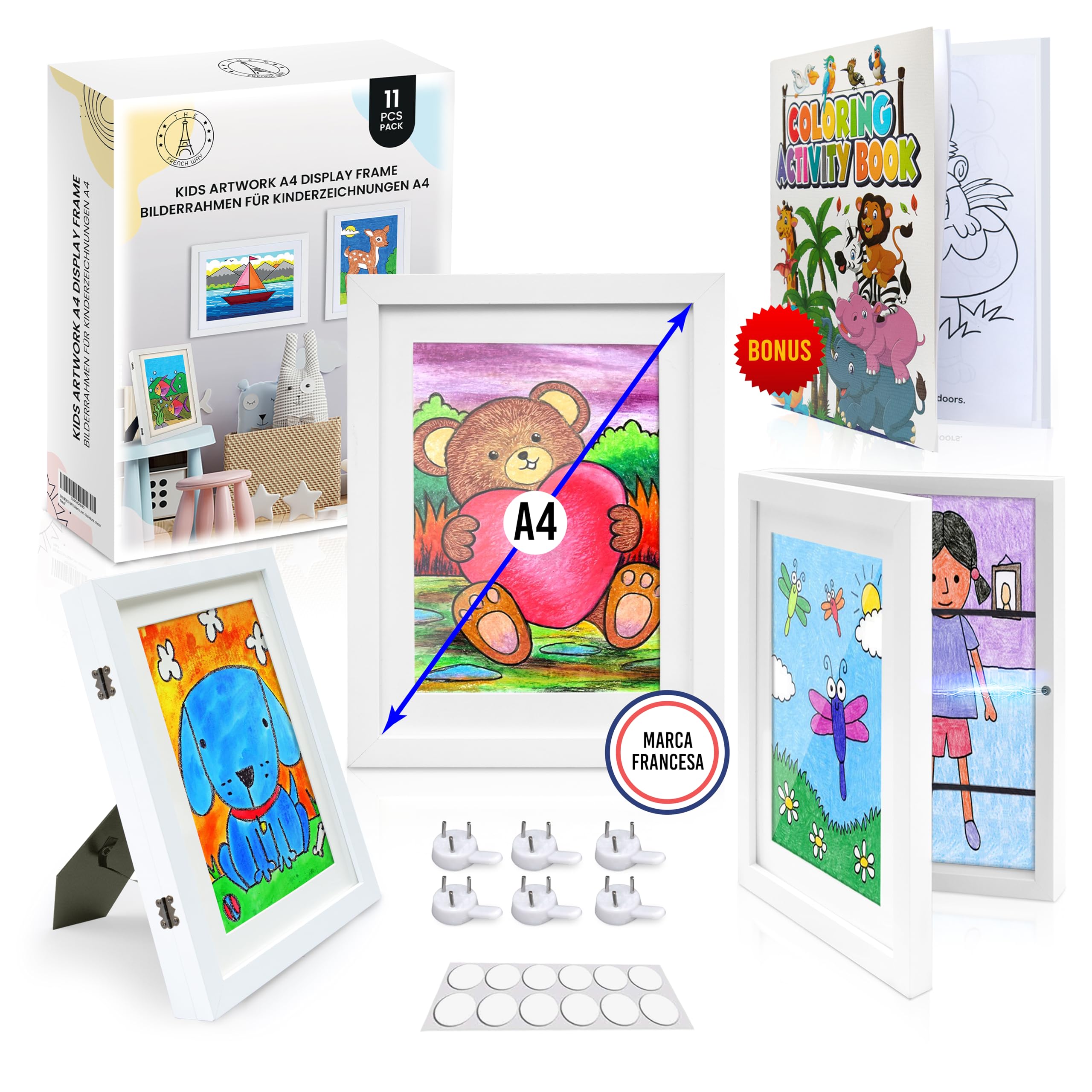 Marcos para Dibujos Infantiles – Set de 2 Marcos A4 Blancos – Incluye Libro para Colorear para Niños – Almacenamiento Fácil y Organizado – Regalo Creativo para una Decoración Personalizada y Práctica