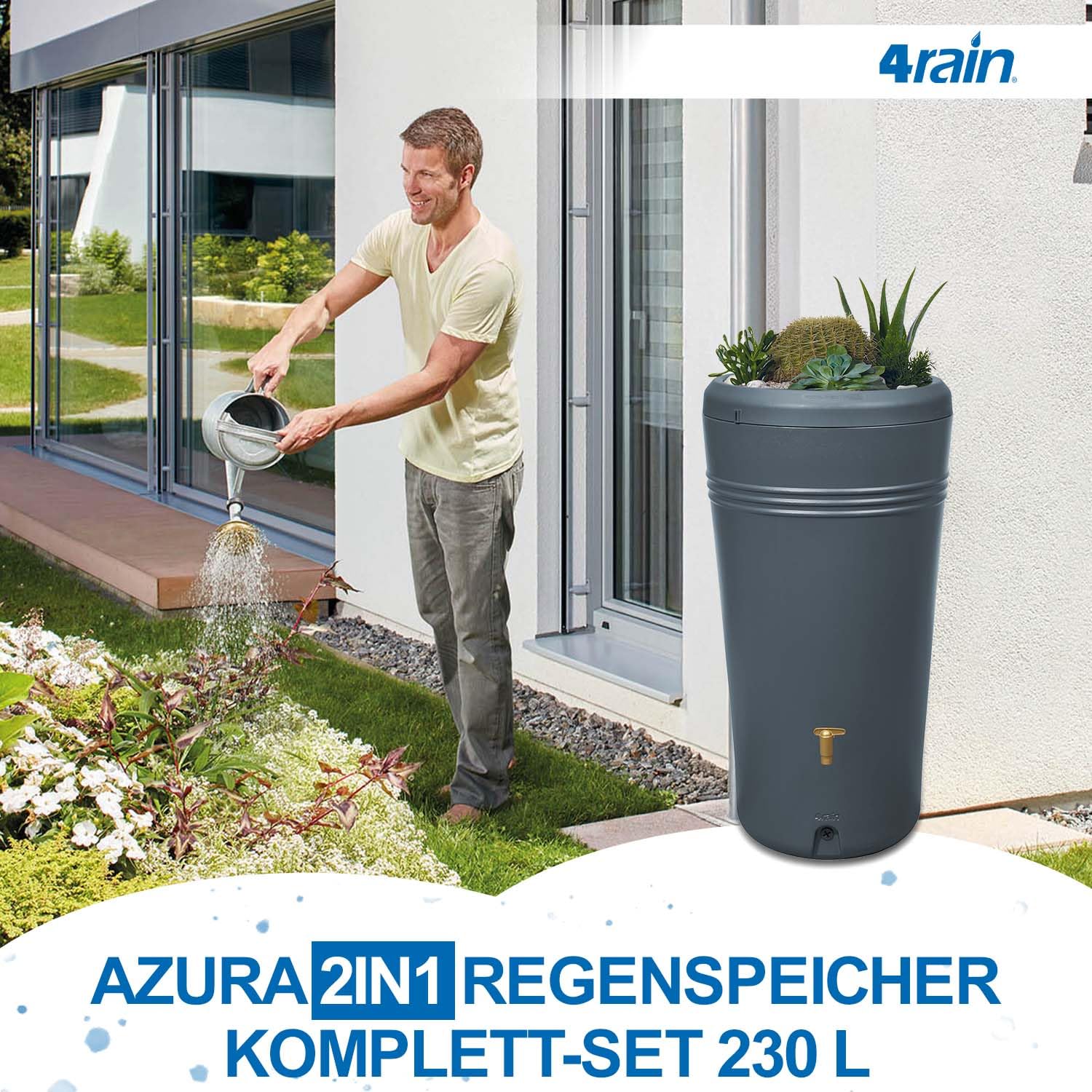 4rain Azura Regentonne Set 230 Liter Graphitgrau Wandtank Wassertank | mit Kunststoff-Hahn + Fallrohranschluss Regenfass Regenwassertonne Wassertonne für Garten Wasserfass Grau