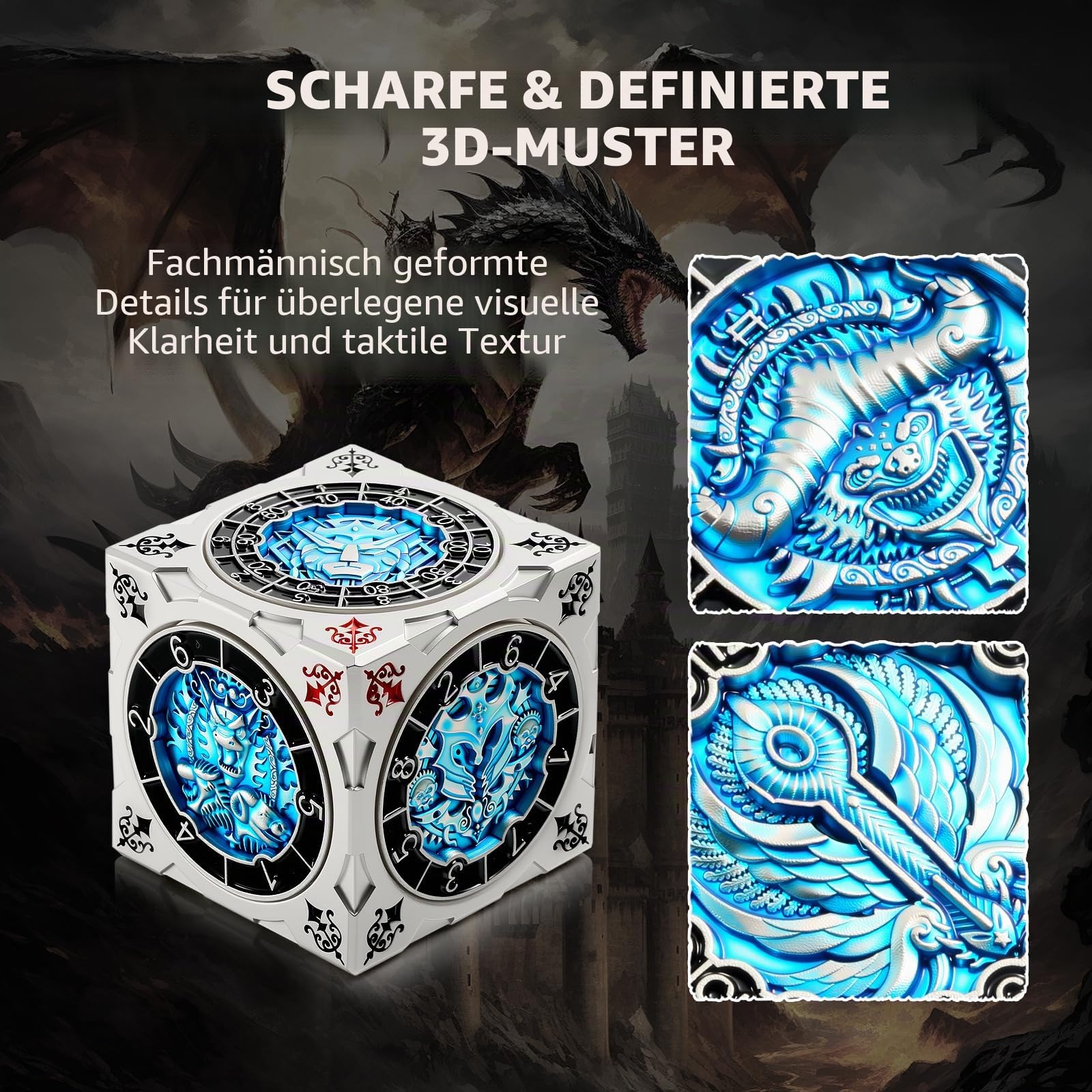 DNDND 7-in-1 Spinner Würfel mit Geschenkbox - Goristro und Couatl Themed D&D Collector's Set für TTRPG, für Dungeon Masters und Spieler (Silber & Blau)