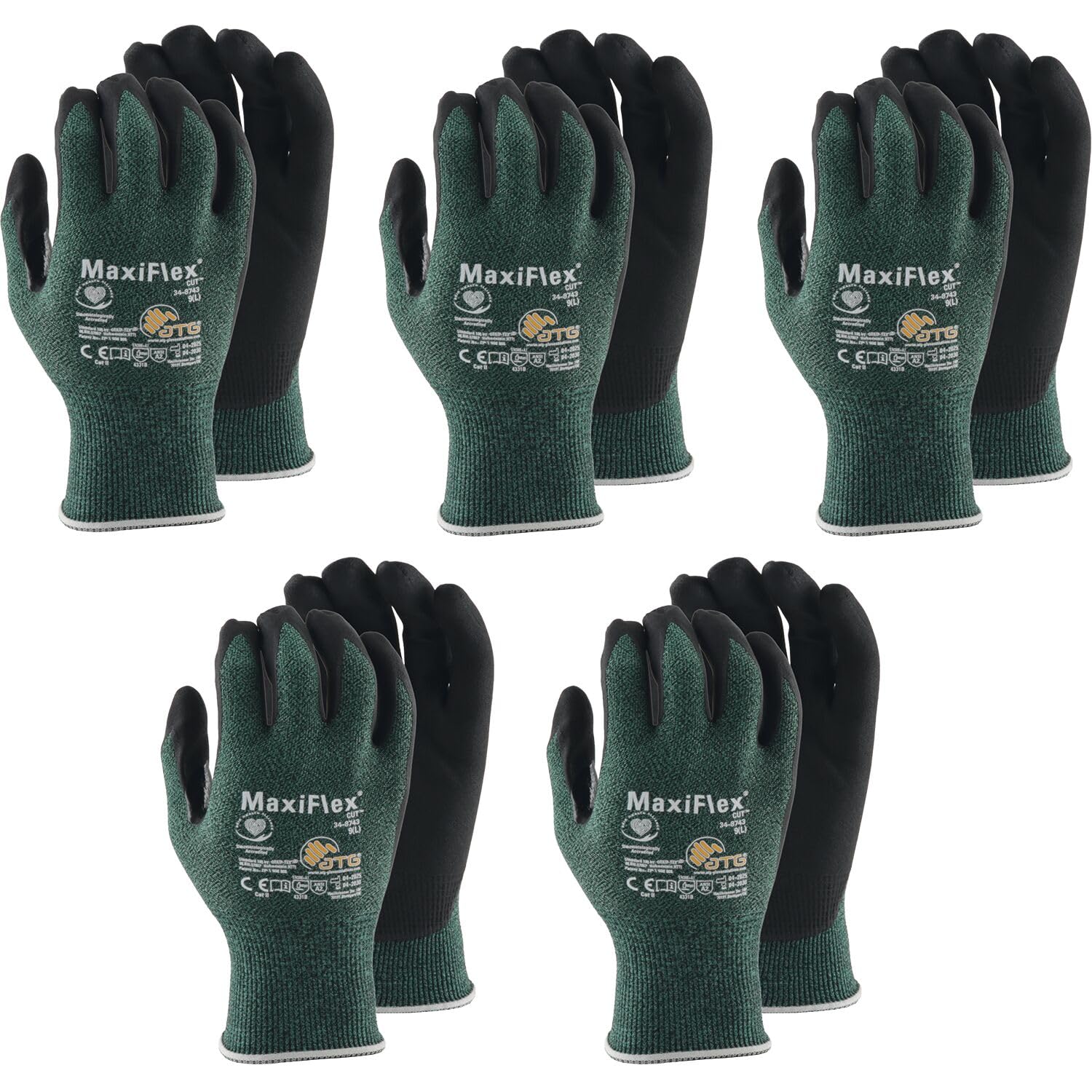 ATG Maxiflex - Guantes de trabajo anticortes (talla 9, talla L, 5 pares)