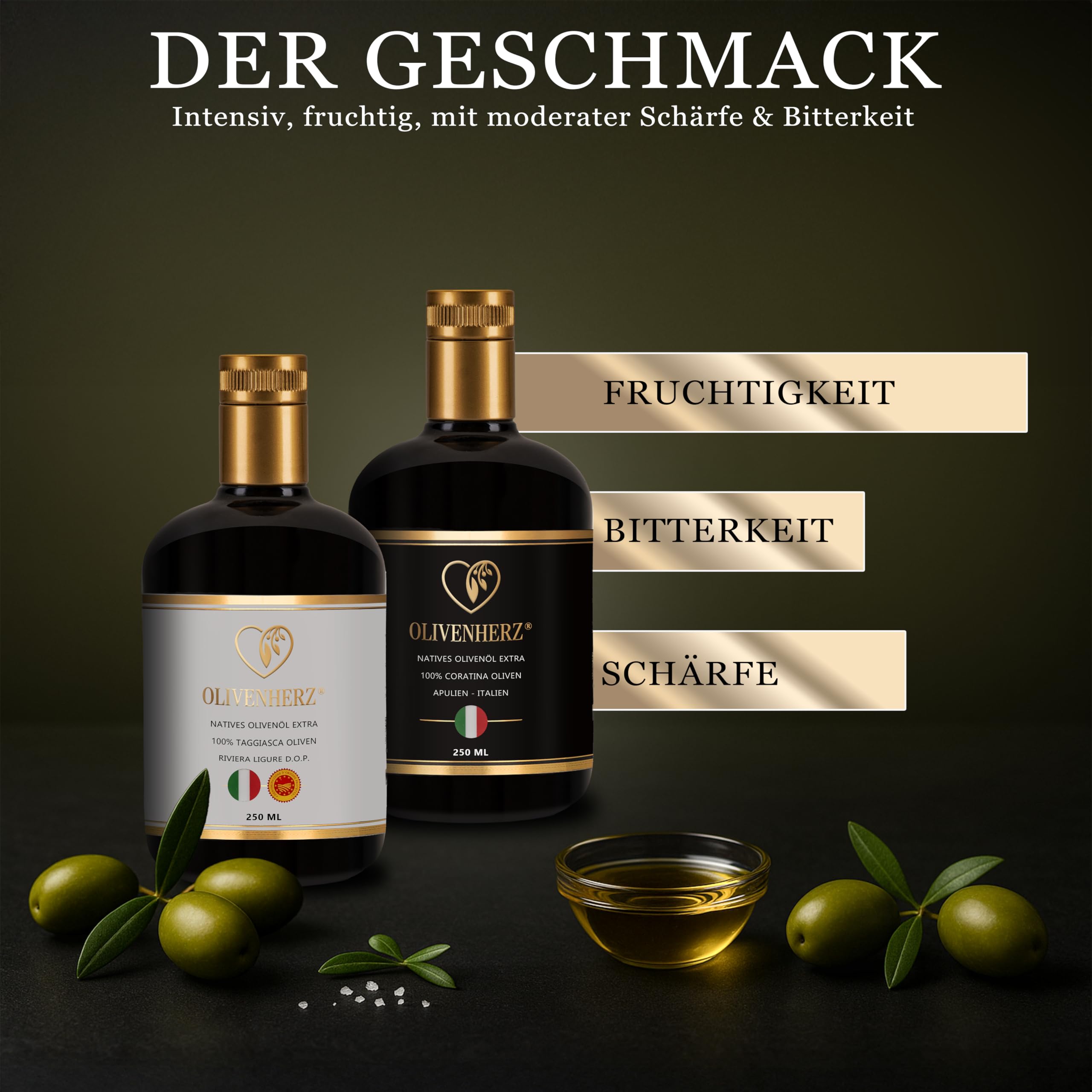 Italienisches Olivenöl Natives Olivenöl Extra Premium Qualität Geschenkset 2 x 250 ml Glasflaschen