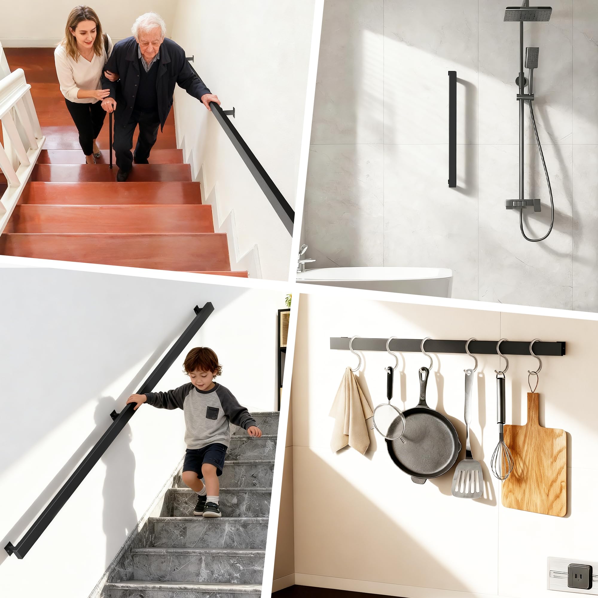 Handlauf Metall, Schwarz Matt Geländer Treppe Wandhandlauf Wand Innen und Außen mit Wandhalterung und Endkappen, Treppengeländer mit Zubehör, Handlauf Treppe für Treppen, Brüstung, Balkon (240cm)