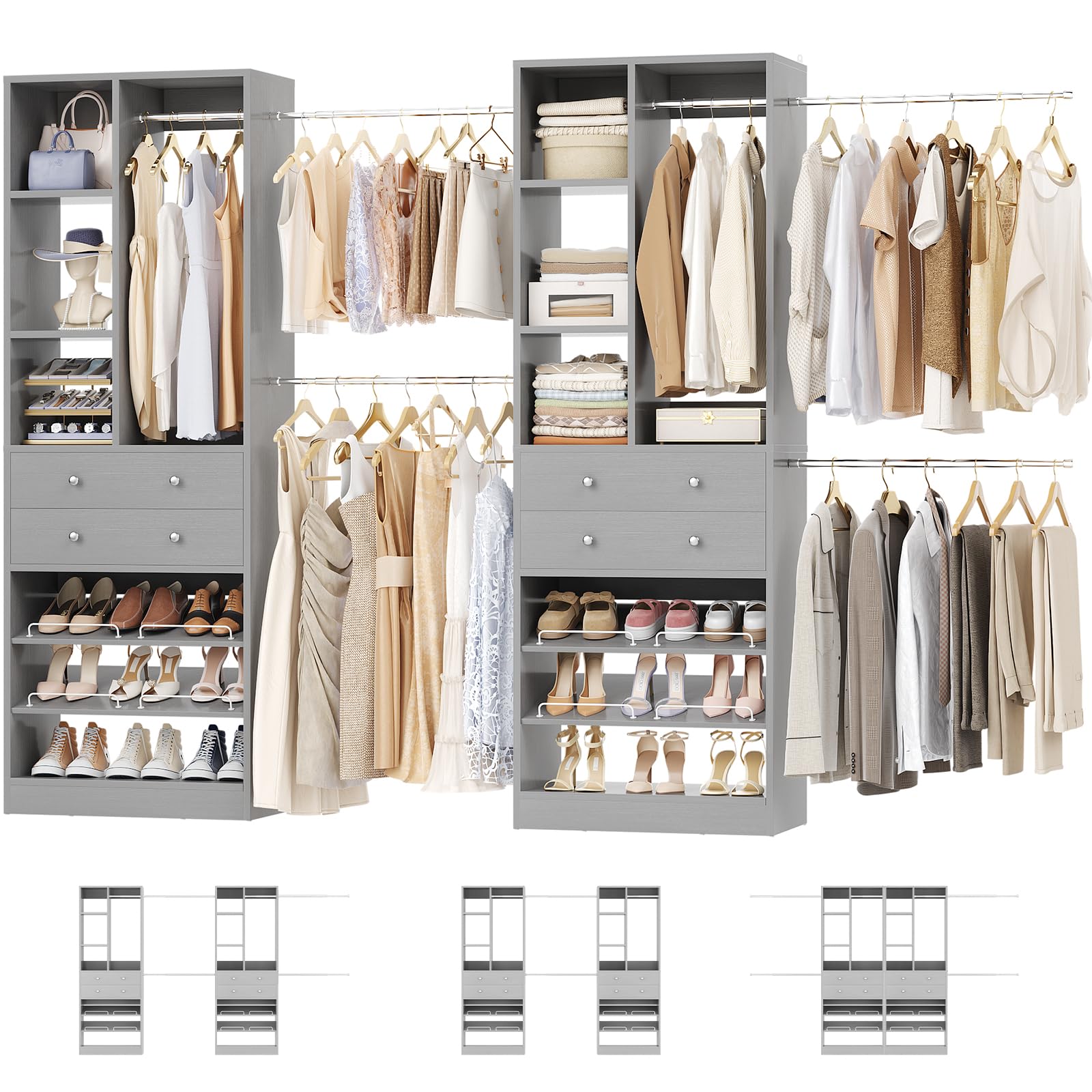 besiost closet system, up to 134"/11.2 ft closet organizer with 4 wooden drawers and shelves, walk-in closet system with 6 hanging rods, built-in closet can fit 96"/8ft, 120"/10ft, morandi grey(incomplete only one box)