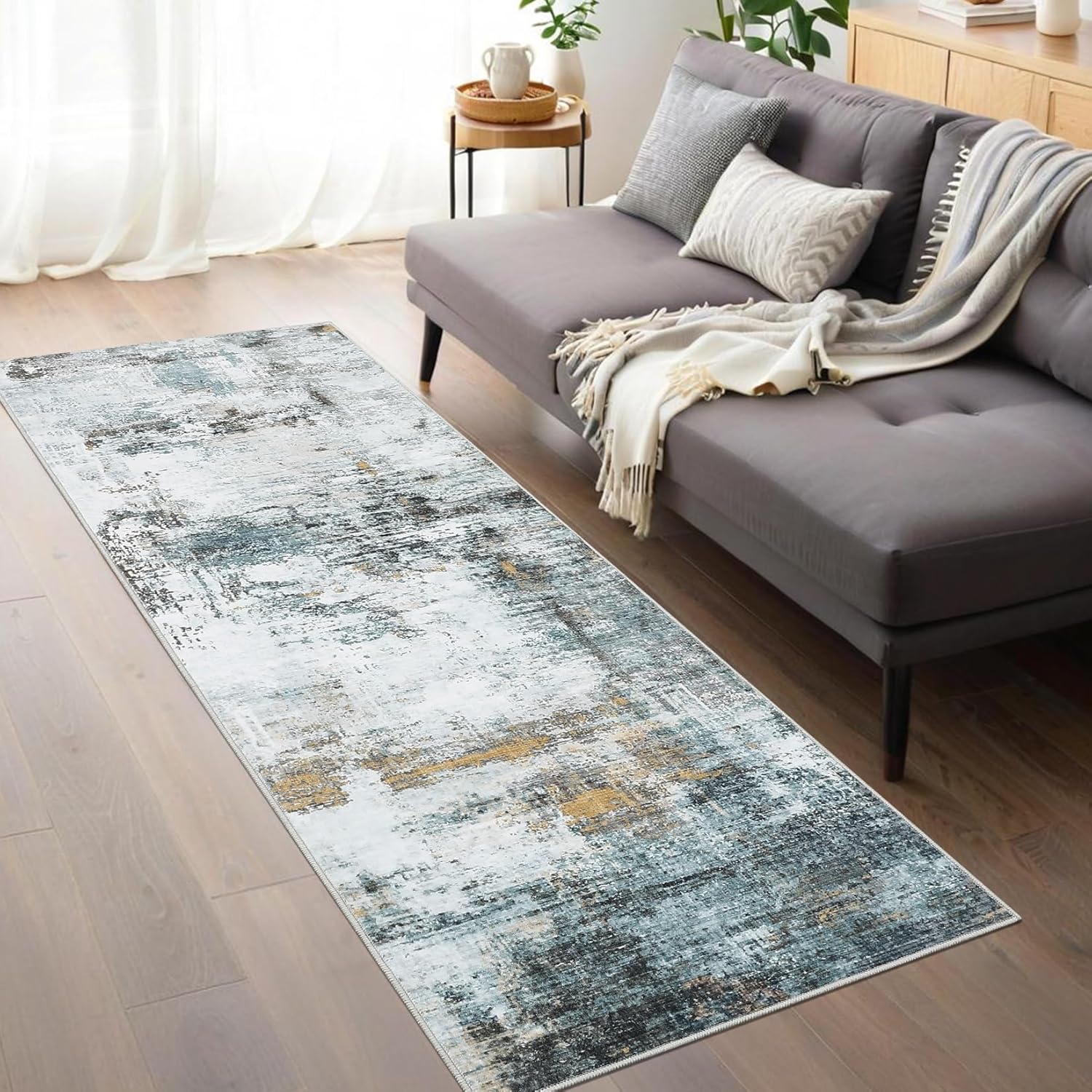 GarveeHome 2x6 Washable Runner Rug Modern Abstract Runner Rugs for Hallway Non Slip Low Pile Ultra Soft Long Rug Folding Runners Carpet for Kitchen Bedroom Laundry Entryway Bedside，Black/Green