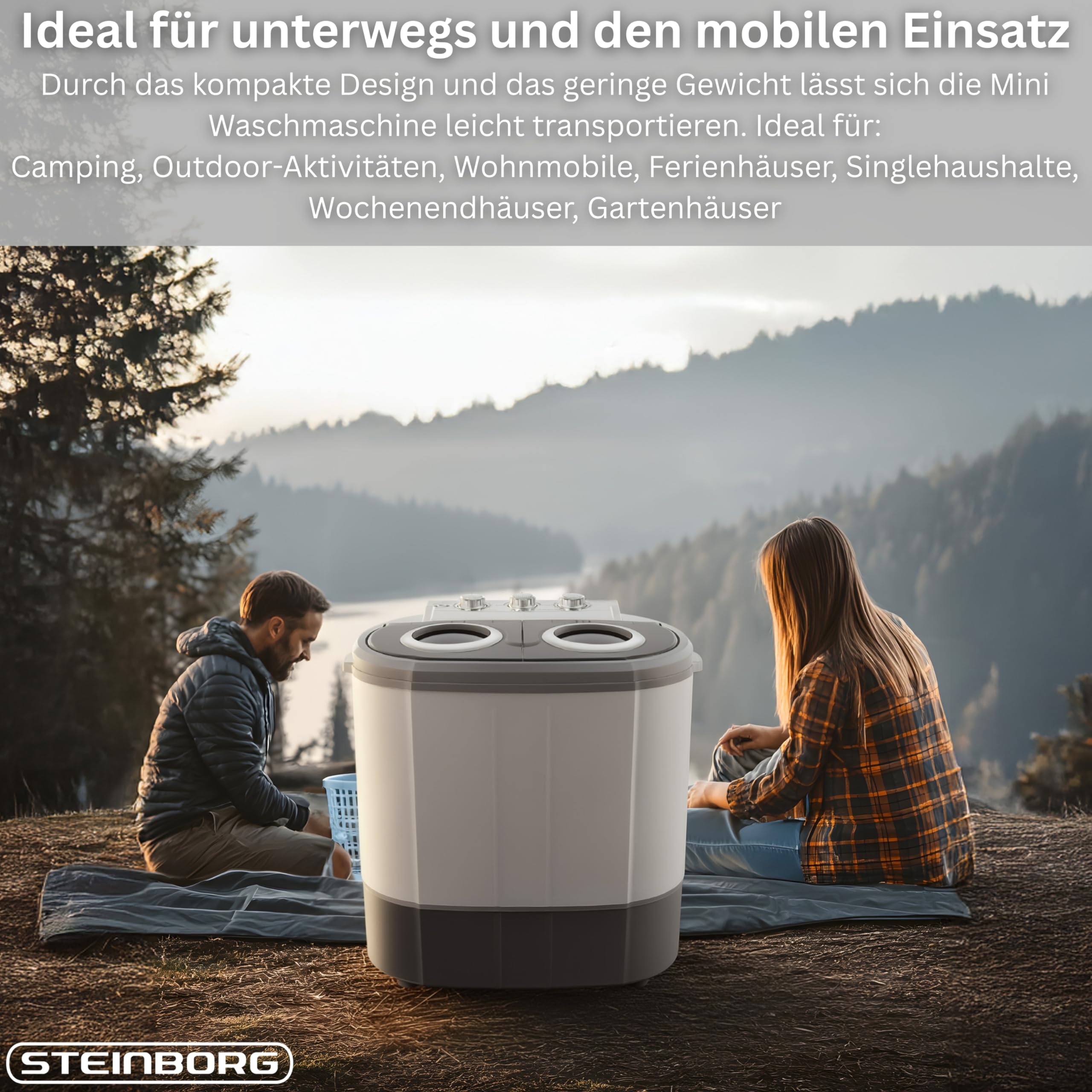Steinborg Mini Waschmaschine mit Schleuder 2-Kammer Toploader 3 kg 1 kg kompakt Camping Reisen Haushalt