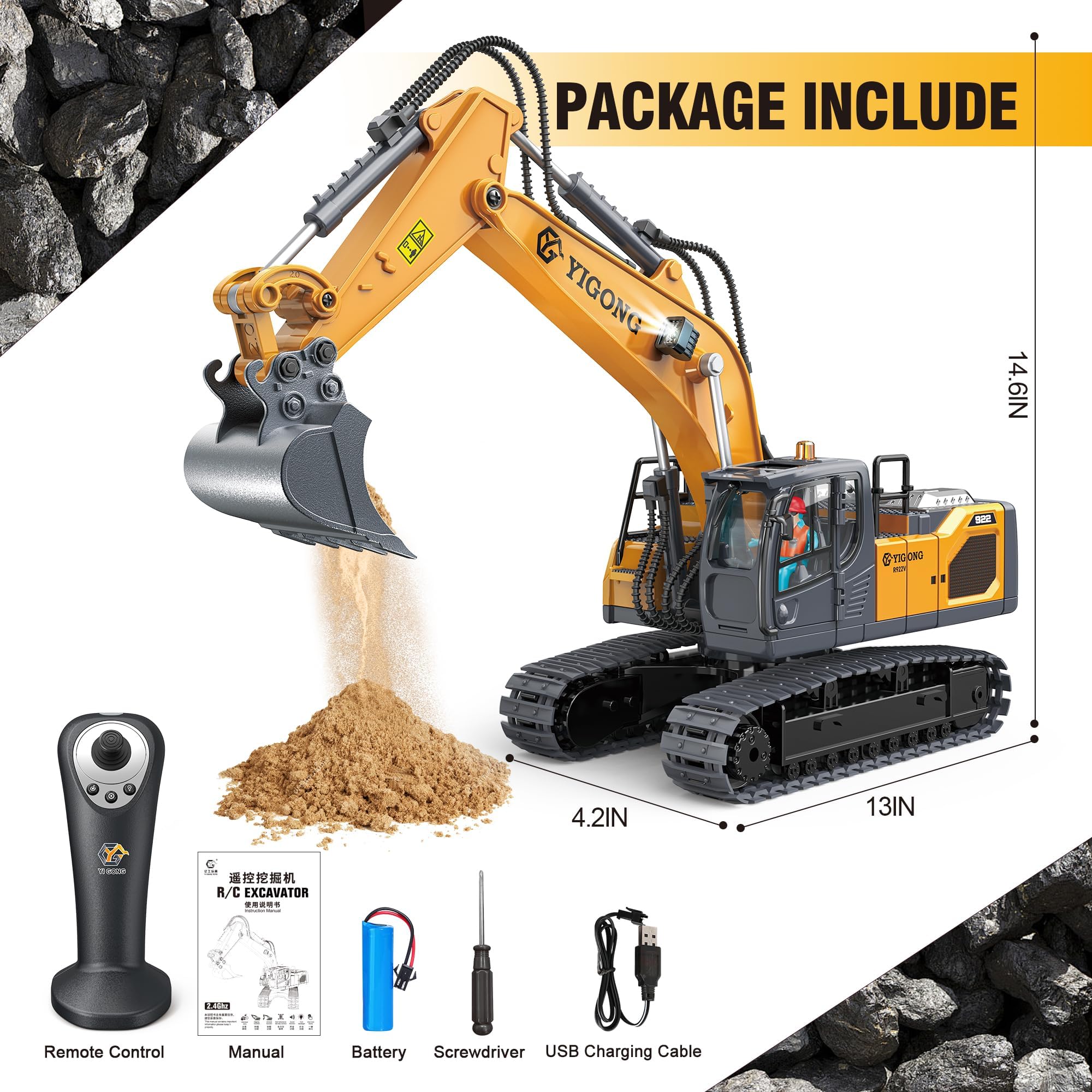Excavadora Teledirigida Excavadora Giratoria 680 RC Para Niños - 680° Giro, Pala De Metal, Sonido Y Luces, 2.4 GHz Tractor Juguete Juguetes Niño 3 Años