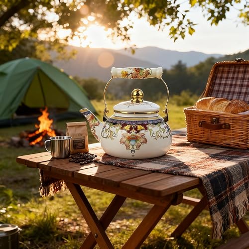 Miniatura 5 de Hervidor de té esmaltado floral de 2.5 litros con mango de cerámica, tetera para estufa, sin plomo, sin silbato, regalo ideal para los amantes del