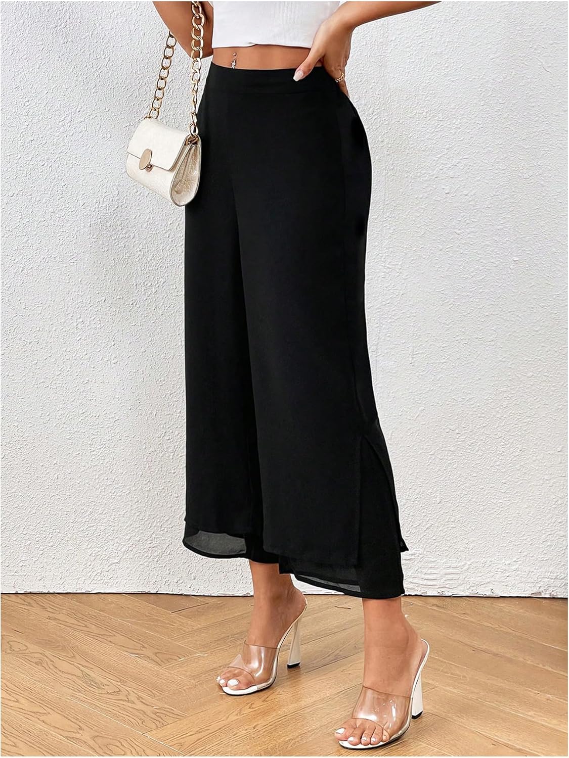 SHENHE Women's Summer Capris Wide Leg Chiffon Cropped Pants Business Casual Dressy Pants - Image 2