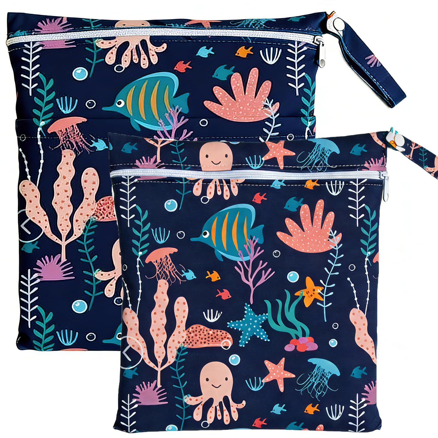 TRASUN Wetbag Nursery Wet Bag Nappy Bags Swimming Equipment Wet and Dry Changing Bag Pack of 2 Waterproof Washable Wet Bag Organiser for Toddlers, Underwater World, 2er-back, Pack sack