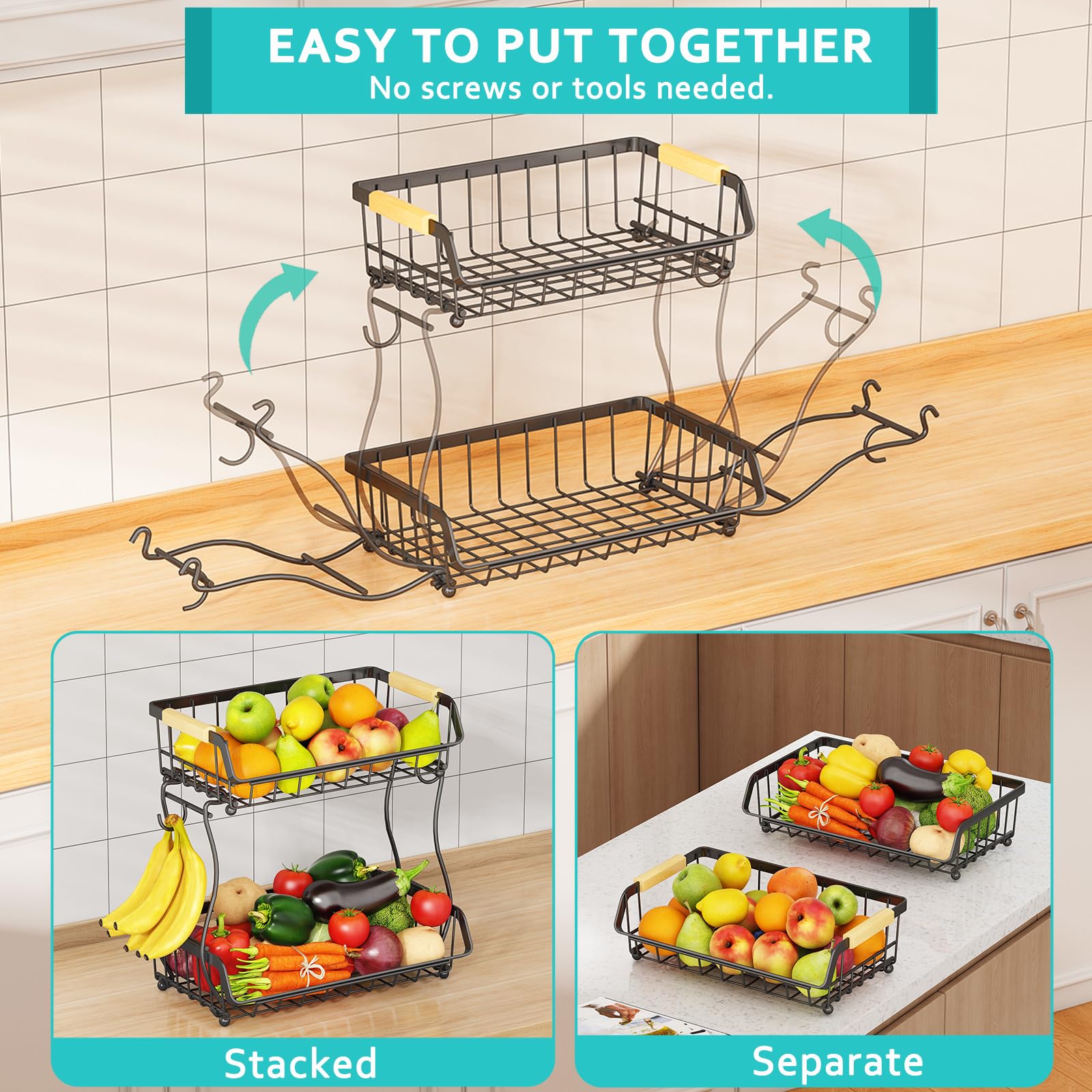 ANTOPY Fruit Basket, 2 Tier Fruit Bowl with Banana Hanger, Kitchen Countertop Vegetable Rack - Image 4