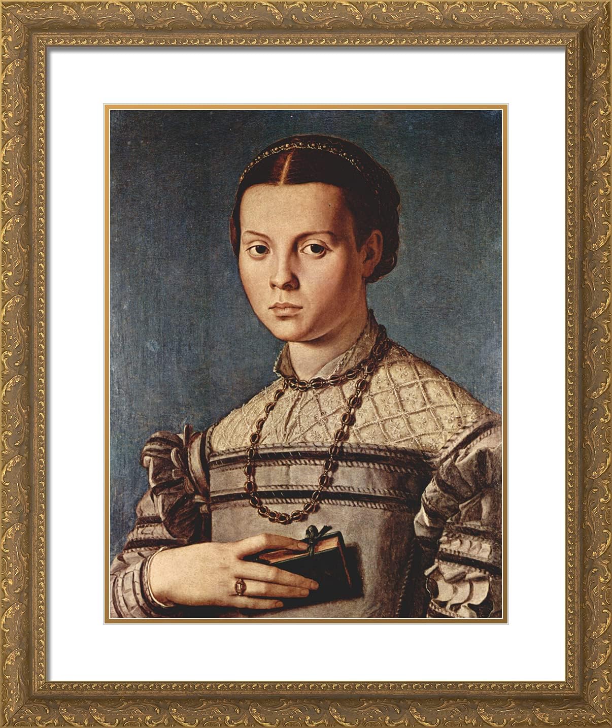 ArtDirect Bronzino, Agnolo 20x24 Gold Ornate Framed Art Print with Double Matting Titled: Portrait of a Girl with Book
