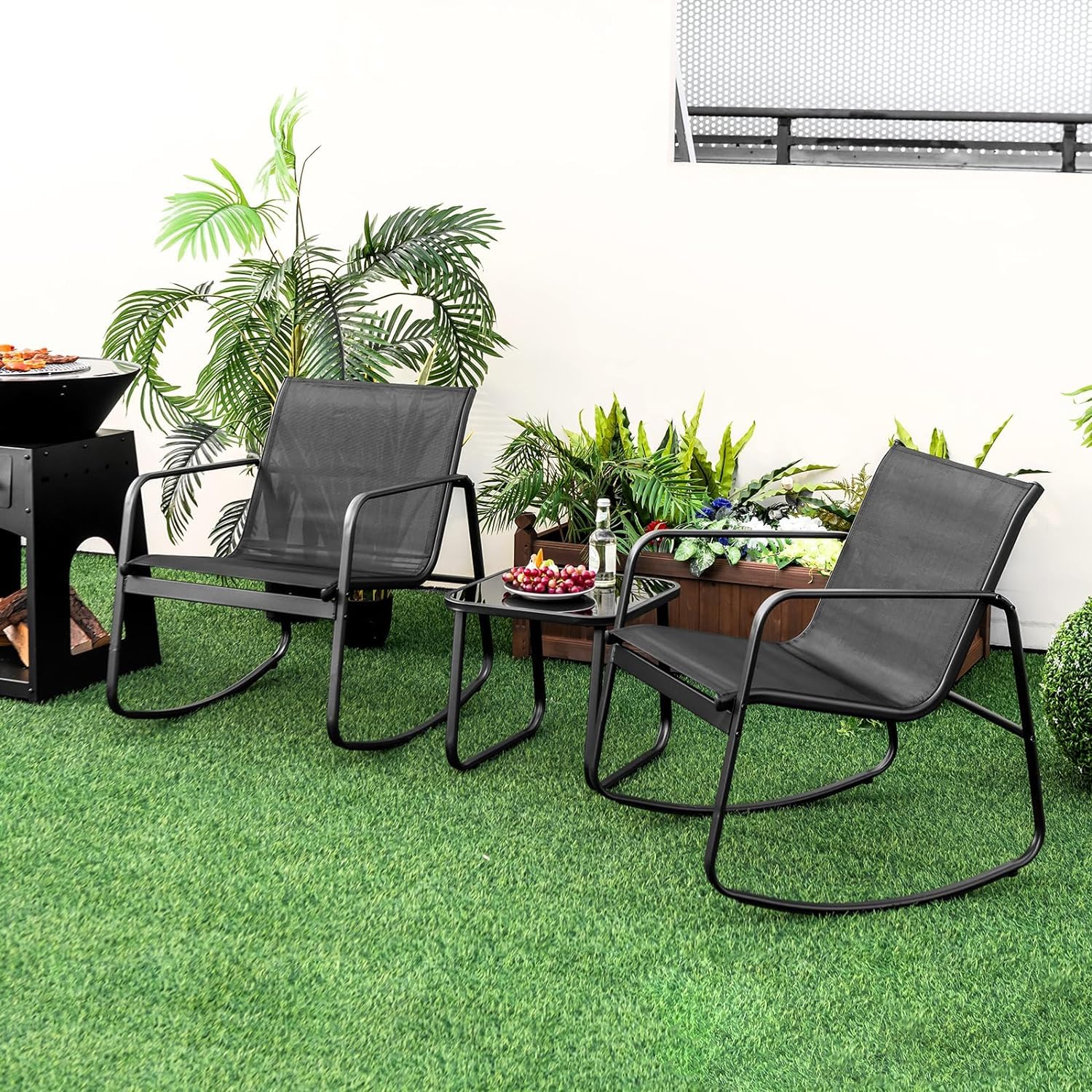 GIANTEX Juego de Bistró 3 Piezas, 2 Sillas Mecedoras de Tejido Transpirable, Mesa de Café con Tablero de Vidrio, Estructura de Metal, para 2 Personas, Conjunto de Muebles para Patio, Jardín (Negro)
